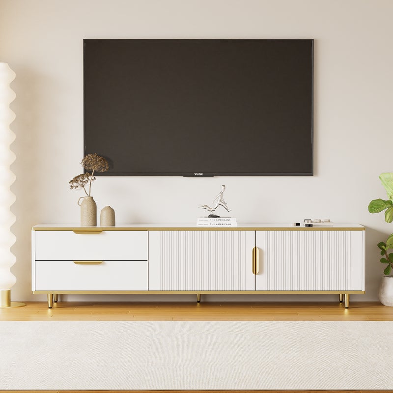 TV-Schrank z wykańczoną teksturą, złotymi szklankami i nogami, meble salonowe z strukturą marmuru - biało-złoty, 175x40x45cm, particle board
