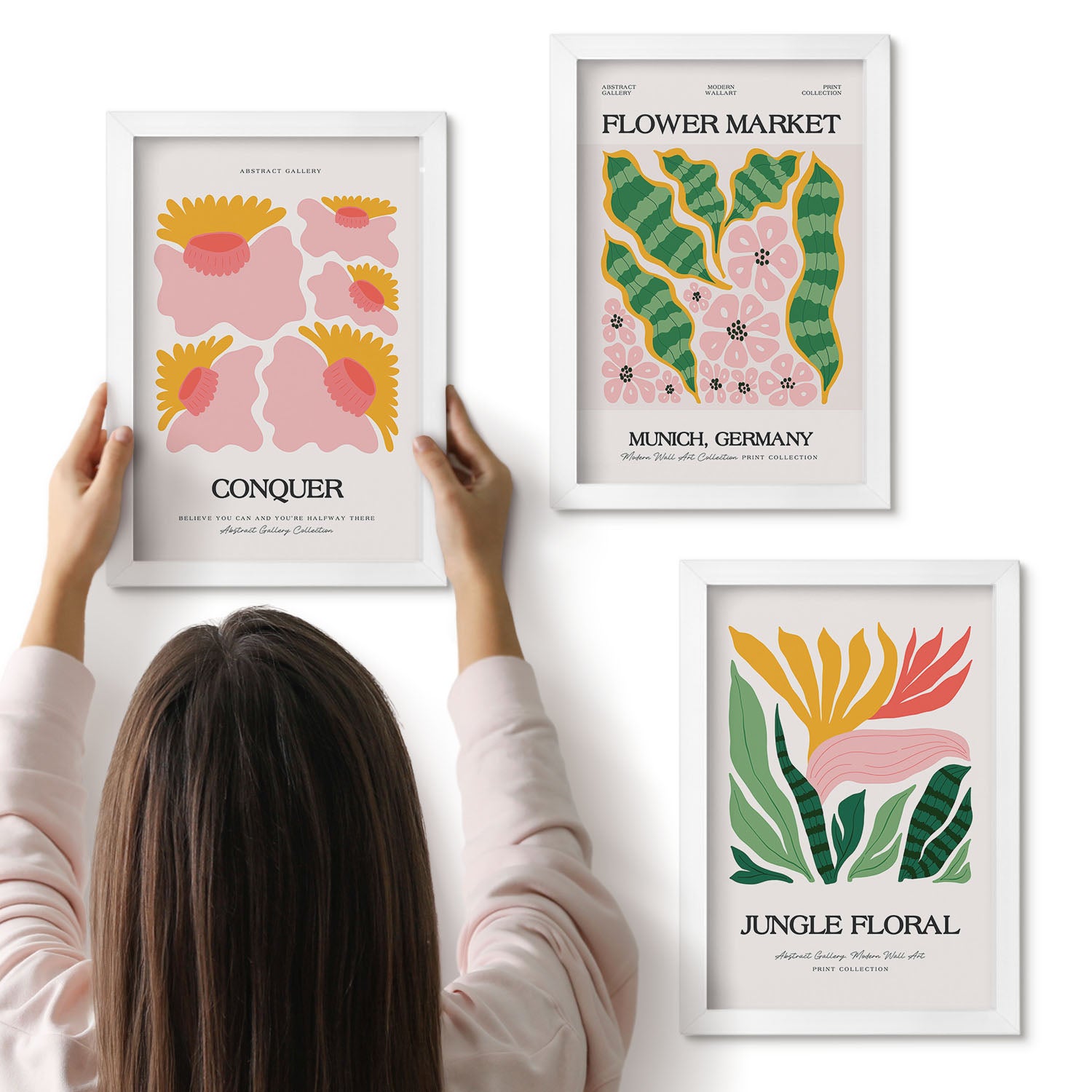 Galeria ścienna 3-częściowy komplet obrazów w białych ramach - Kwiaty i liście w stylu nowoczesnym postery - ArtPrintCave