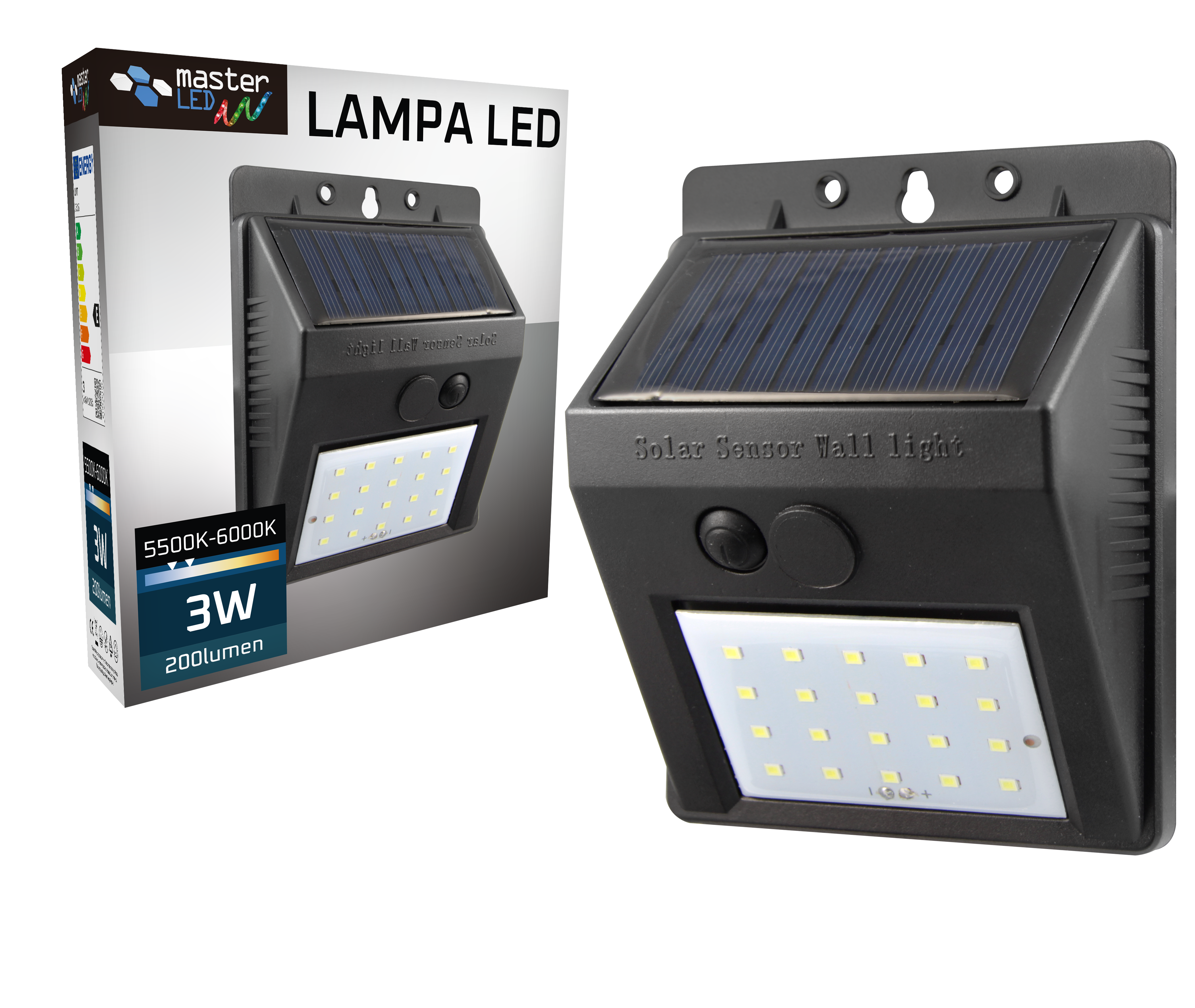 Lampa LED solarna ścienna 3W 6000K IP65 czujnik zmierzchu czarna kinkiet zewnętrzny MasterLED