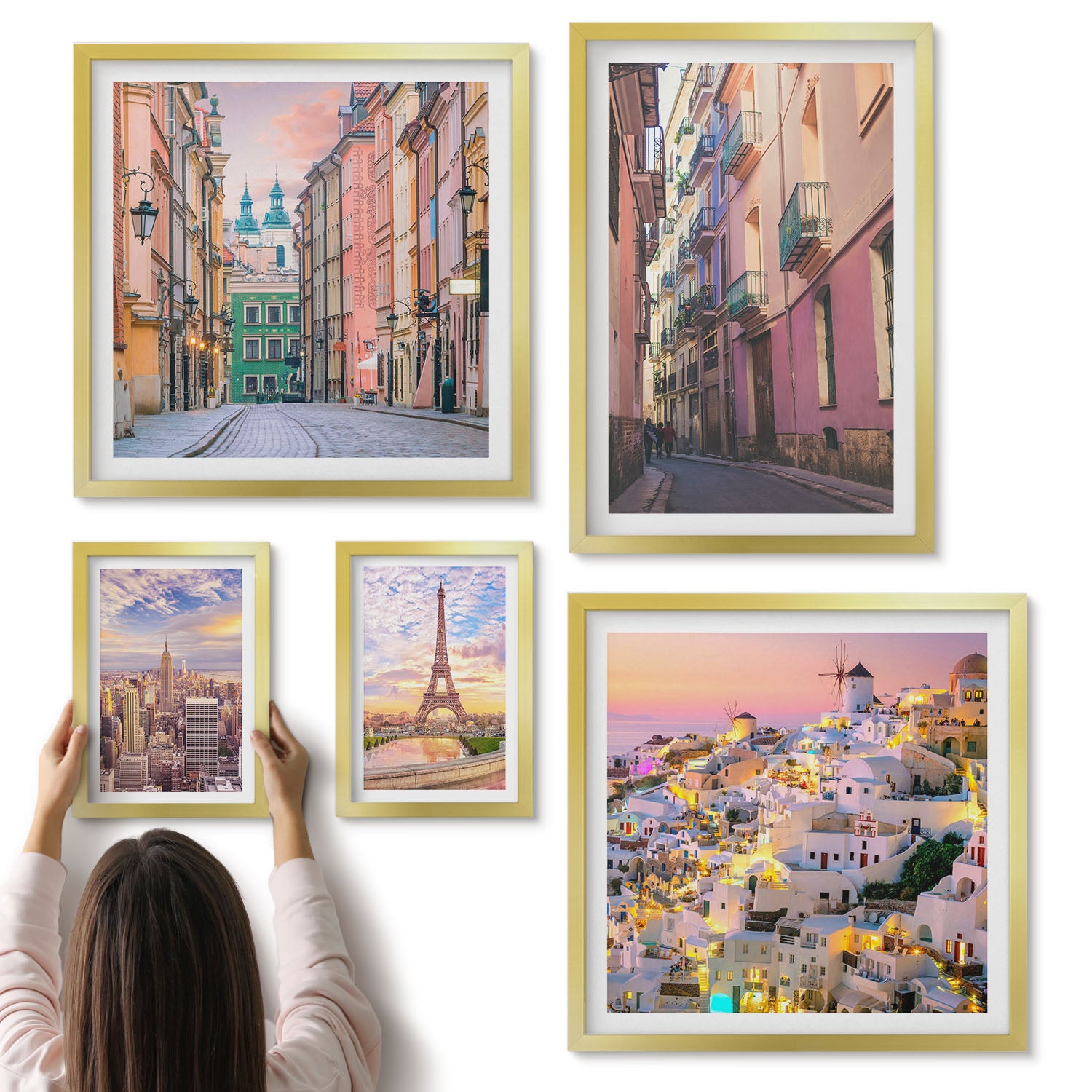 Galeria ścienna 5-częściowy komplet obrazów w złotych ramach - Urokliwe miasta i malownicze widoki europejskie - ArtPrintCave