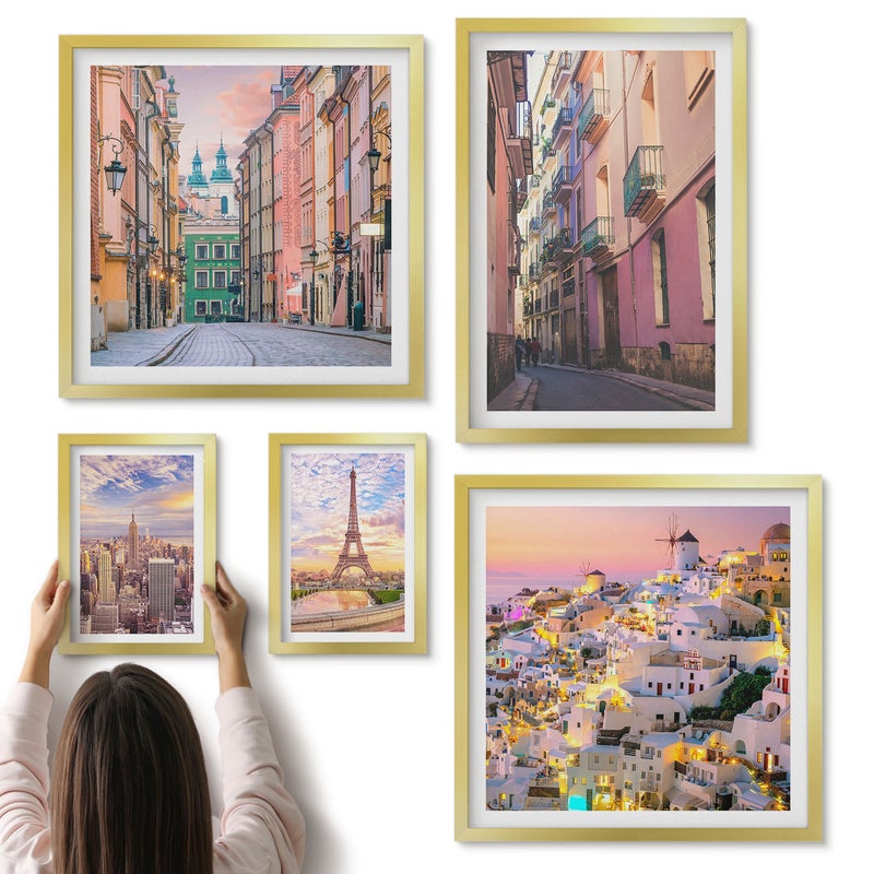 Galeria ścienna 5-częściowy komplet obrazów w złotych ramach - Urokliwe miasta i malownicze widoki europejskie - ArtPrintCave