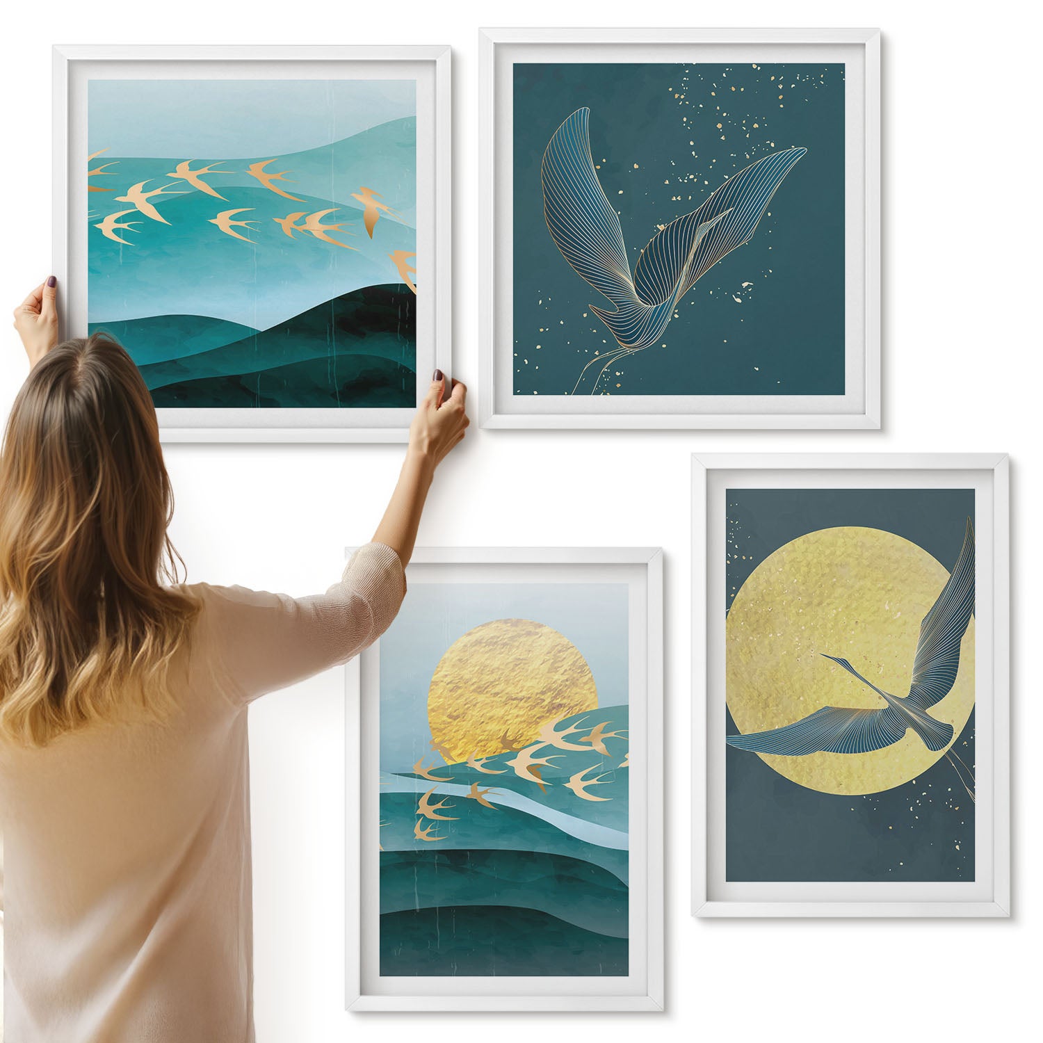 Galeria ścienna 4-częściowy komplet obrazów w białych ramach - Stylowe abstrakcyjne pejzaże z ptakami - ArtPrintCave