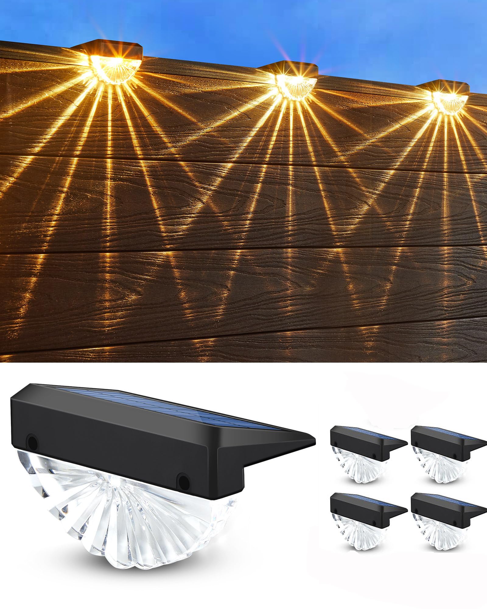 Zestaw 4 lamp solarnych do ogrodzenia, solarnych kinkietów, LED ciepła biel, wodoodporne oświetlenie zewnętrzne IP44 do ogrodu, na taras, balustrady