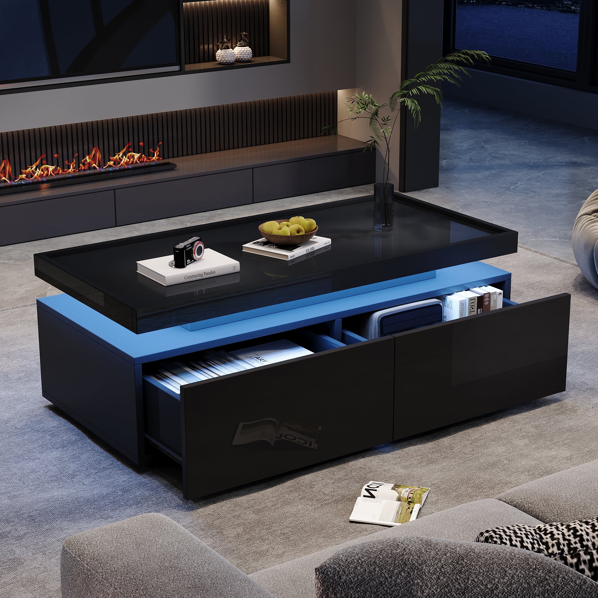 Stolik kawowy wysokiego połysku 95×45×35 cm - z oświetleniem LED - z 2 szufladami - Płyta wiórowa - Czarny
