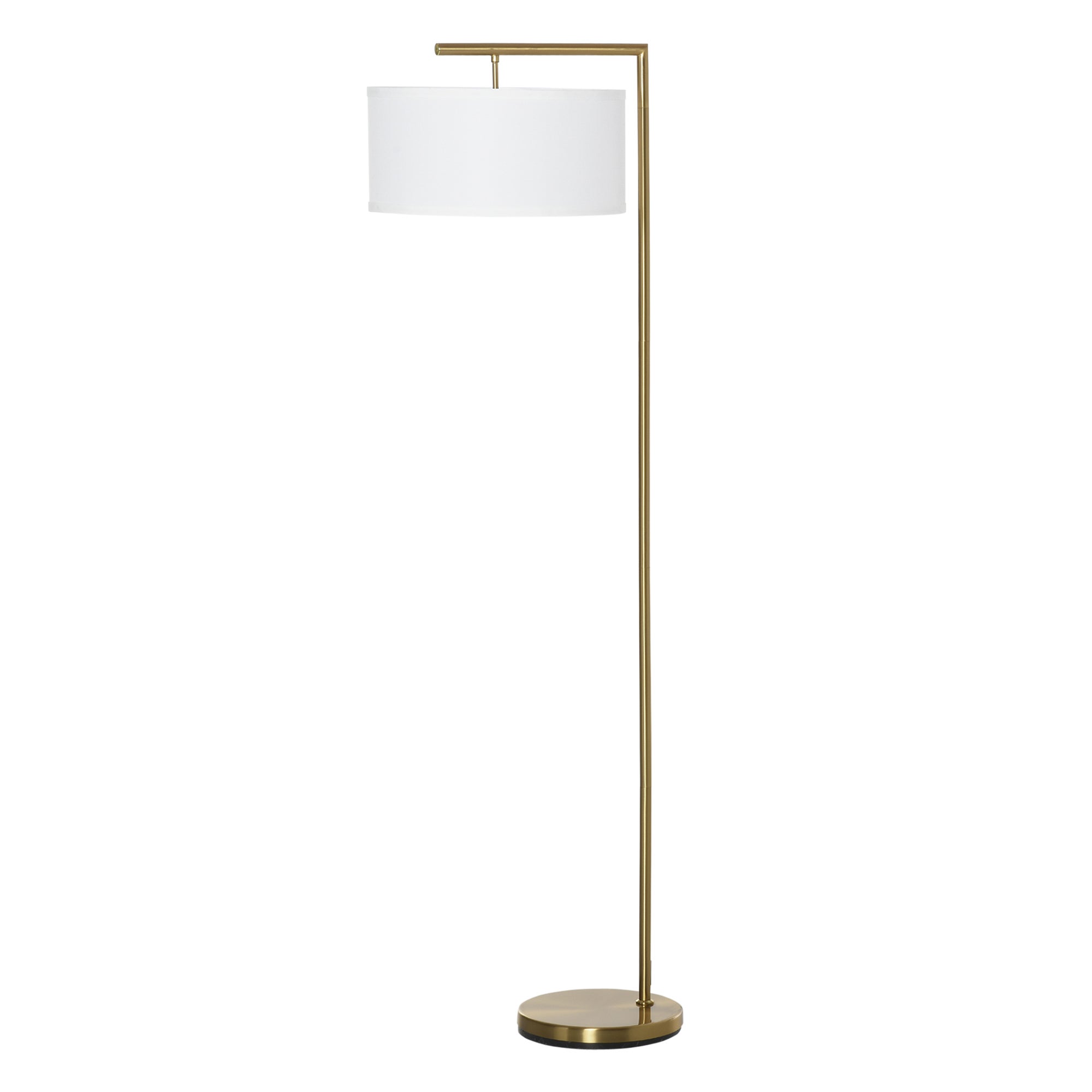 Lampa podłogowa, oprawka E27, wykończenie w kolorze złotym, klosz z białej tkaniny, przełącznik nożny, stal, 47 x 37 x 153 cm