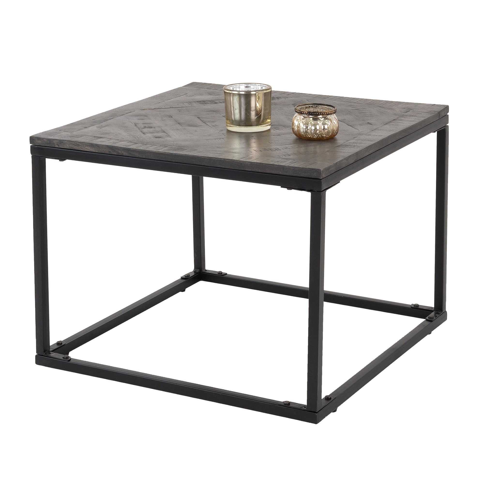 WOMO-DESIGN stolik kawowy 60x60 cm szary drewniany mango metalowa rama jodełka ręcznie robiony stolik do salonu na sofę nowoczesny