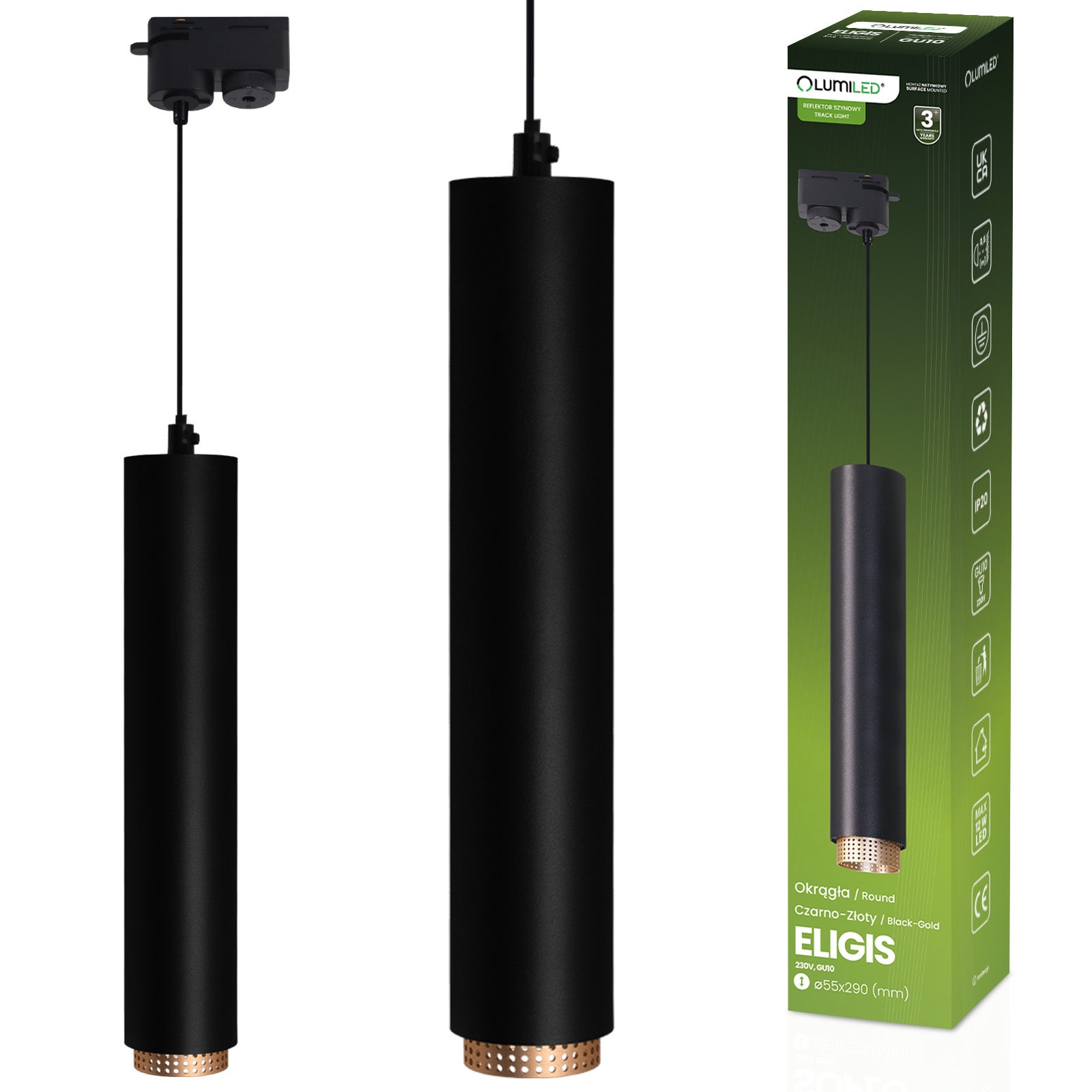 Lampa Wisząca Lumiled Sufitowa Zwis 29cm Reflektor GU10 LED Czarny 1 szt.