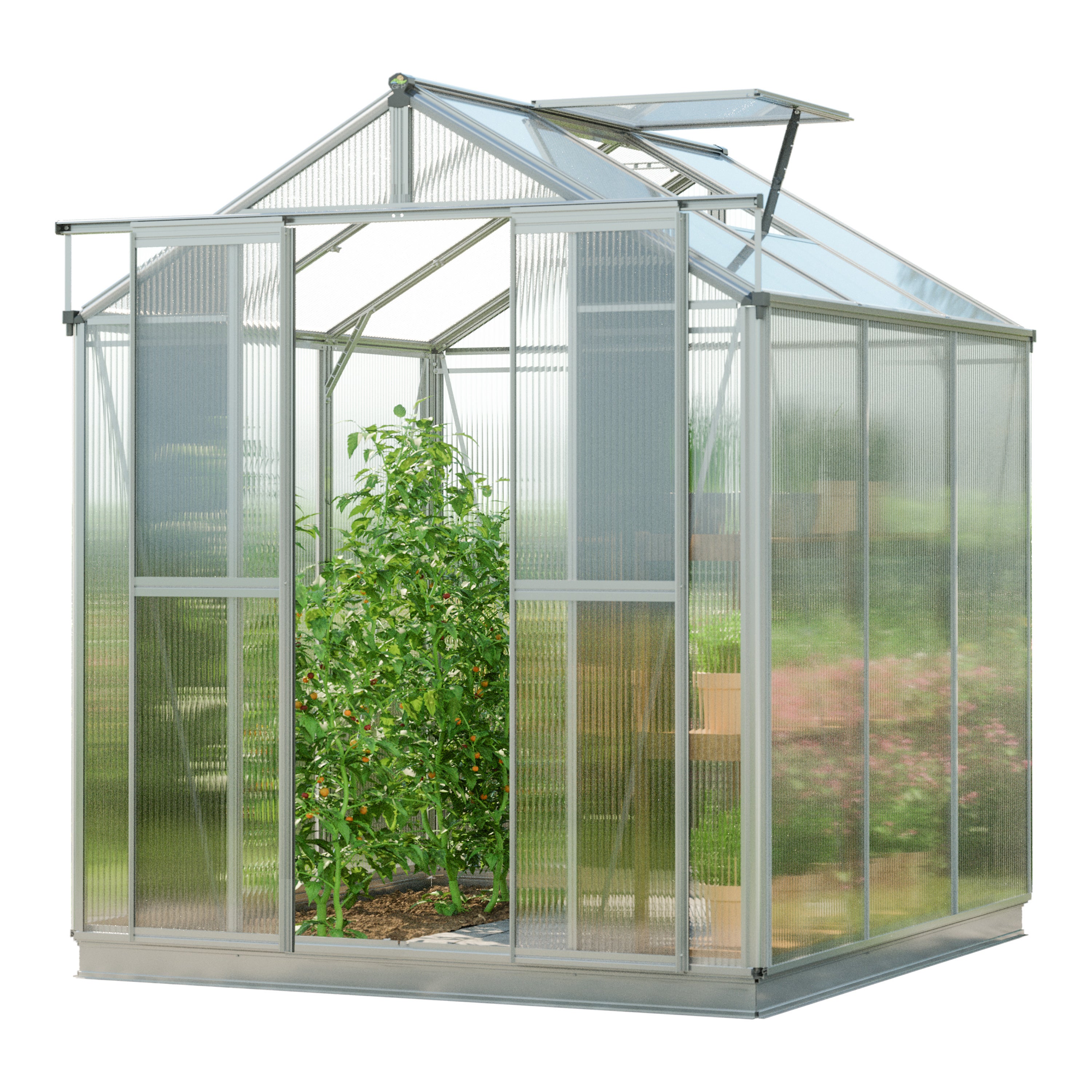 GFP Szklarnia Picco 3 – rama aluminiowa – 179 x 195 cm – poliwęglan 6 mm - z ramą fundamentową i 1 automatycznym otwieraczem okien