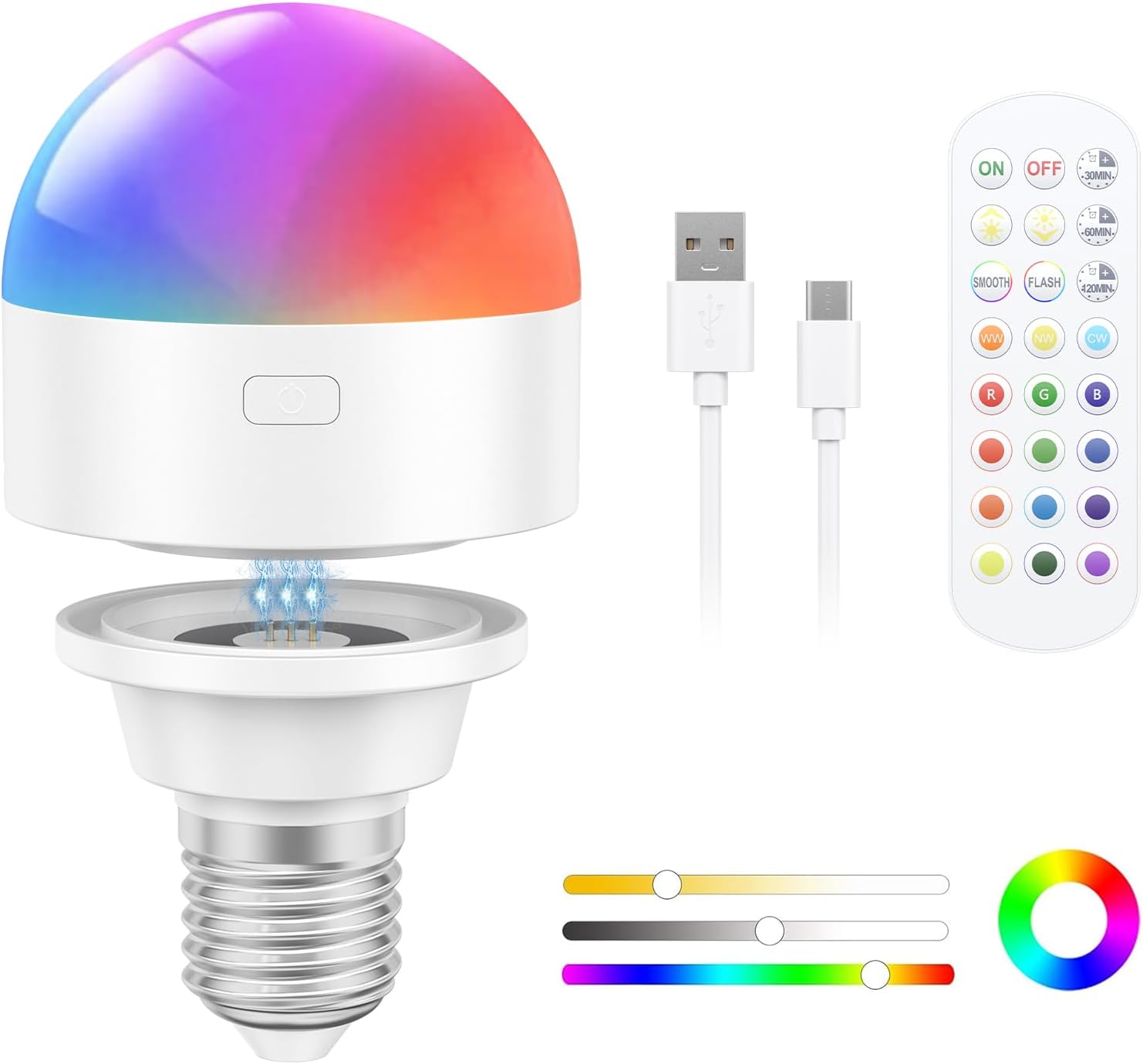 Ładowalna żarówka magnetyczna z portem USB C i pilotem, z gwintem E27. Akumulatorowa żarówka LED 3W 1800mAh z wyjmowanym akumulatorem do lamp stołowyc