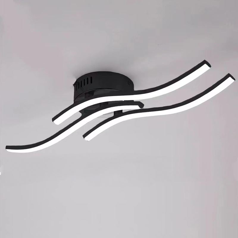 Nowoczesna lampa sufitowa LED, lampa sufitowa w kształcie fali, 3 moduły LED 6 W, ciepłe białe światło, wykończenie w kolorze czarnym