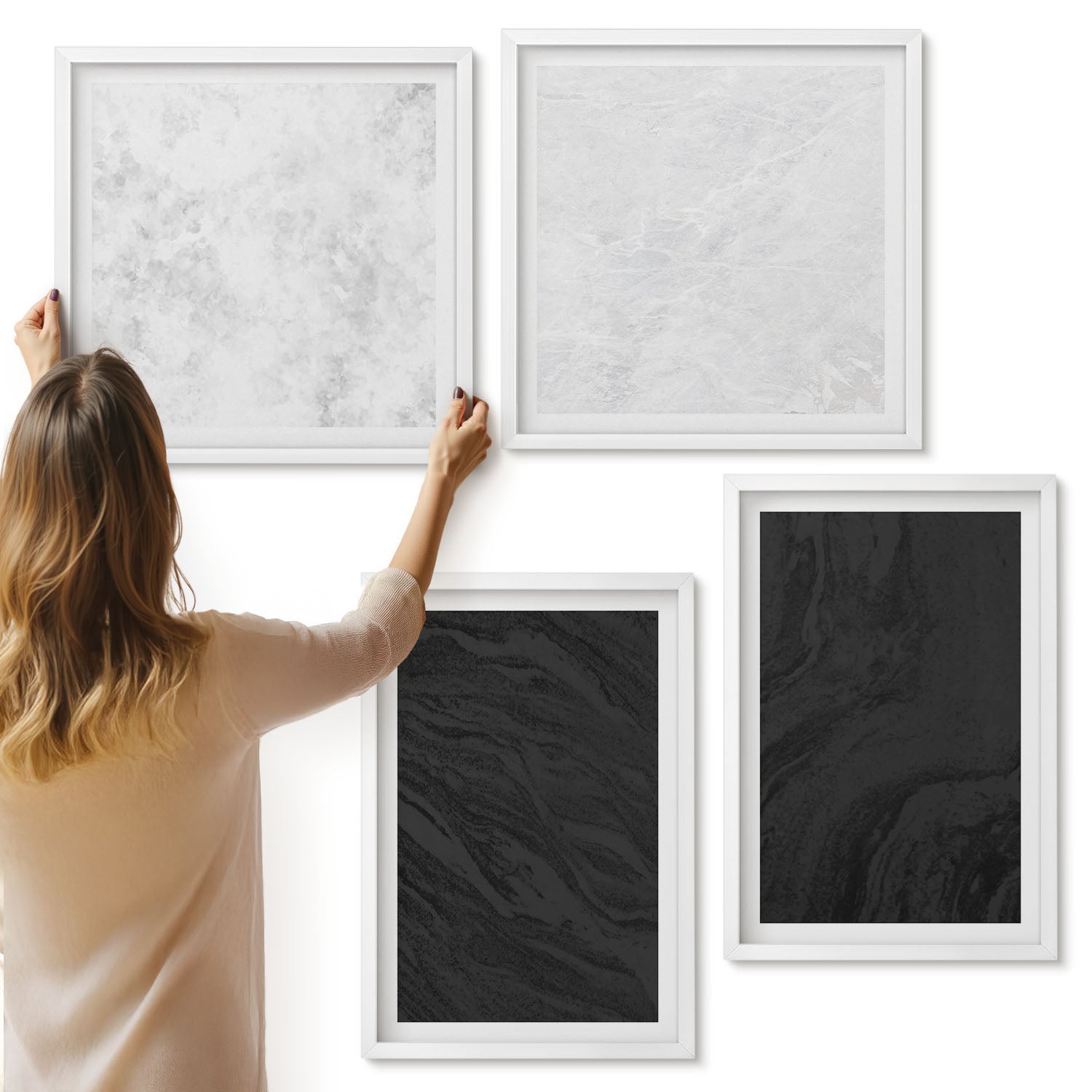 Galeria ścienna 4-częściowy komplet obrazów w białych ramach - Ciemne i jasne marmury eleganckie tekstury w stylu glamour - ArtPrintCave