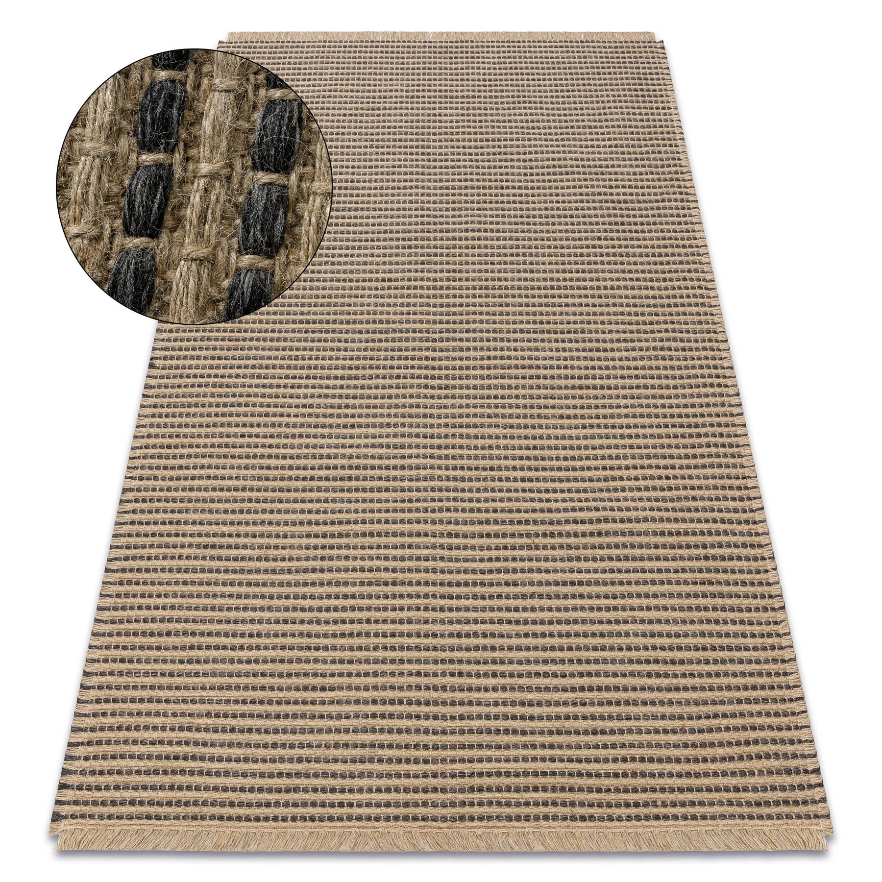 Dywan JUTE 3652 czarny / beż linie - jutowy, płaskotkany, frędzle 140x190 cm