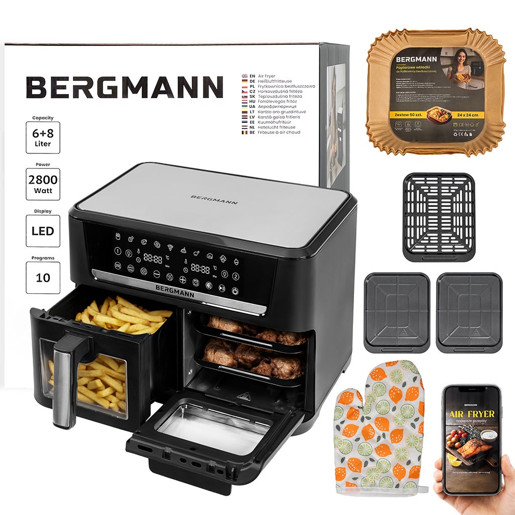 Frytkownica Beztłuszczowa Air Fryer BERGMANN dwa kosze 6L+8L 2800W rękawica kuchenna w zestawie