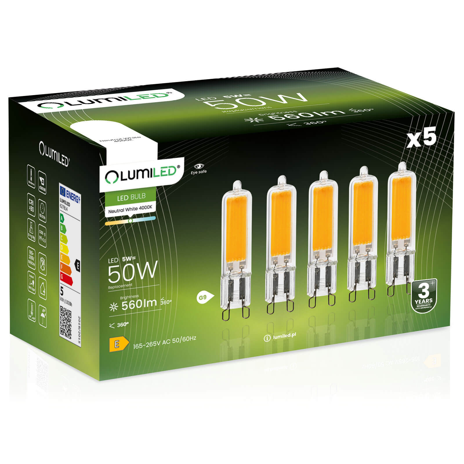 5x Żarówka Lumiled LED G9 Kapsułka 5W = 50W 560lm 4000K Neutralna 360st Filament