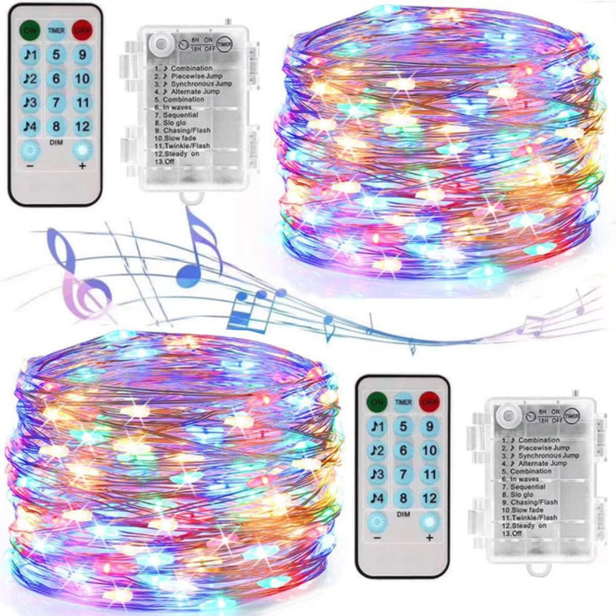 Zestaw 2 światełek muzycznych aktywowanych głosem (12 trybów), zasilanych bateriami, 10 metrów (33 stopy), 100 diod LED, srebrny przewód (kolorowy)