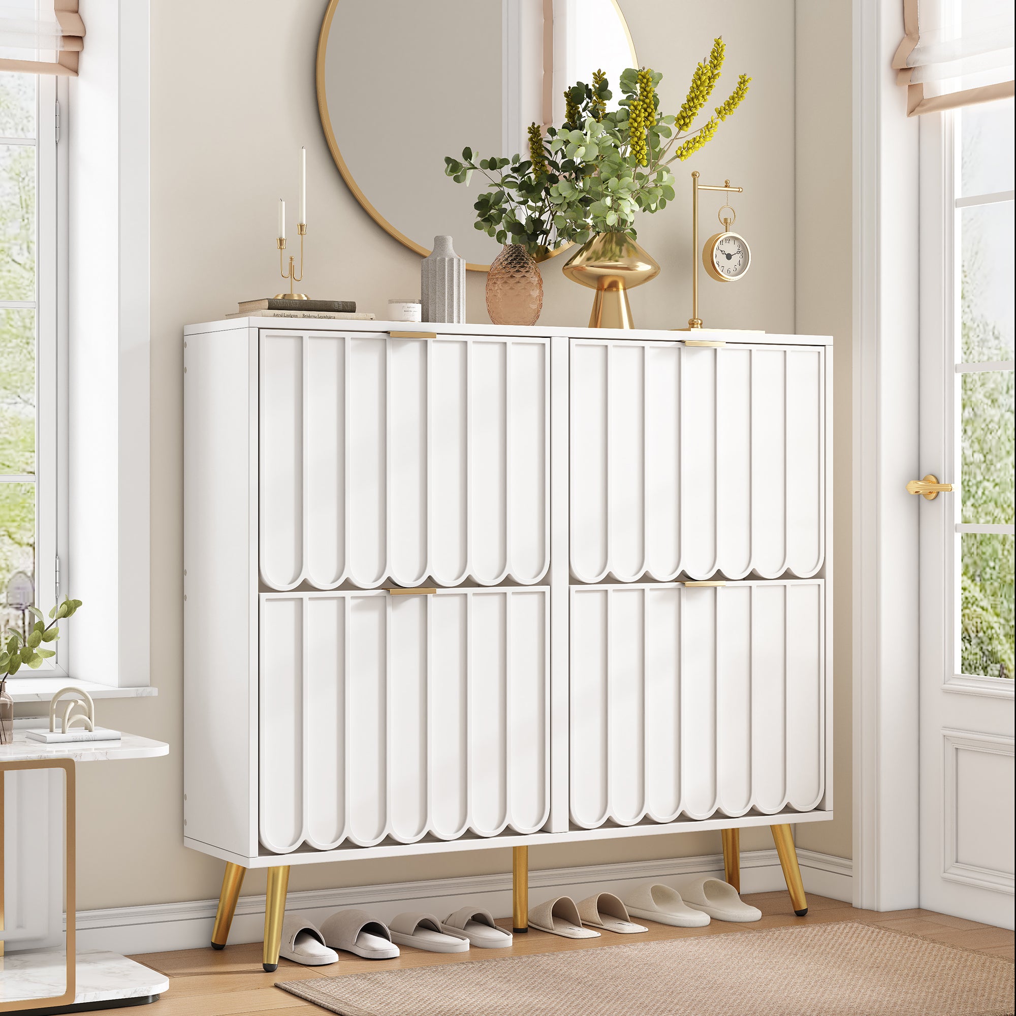Szafka na buty 100x24x91,25cm - z 4 drzwiami uchylnymi - 8 półek - uchwyt metalowy - biała