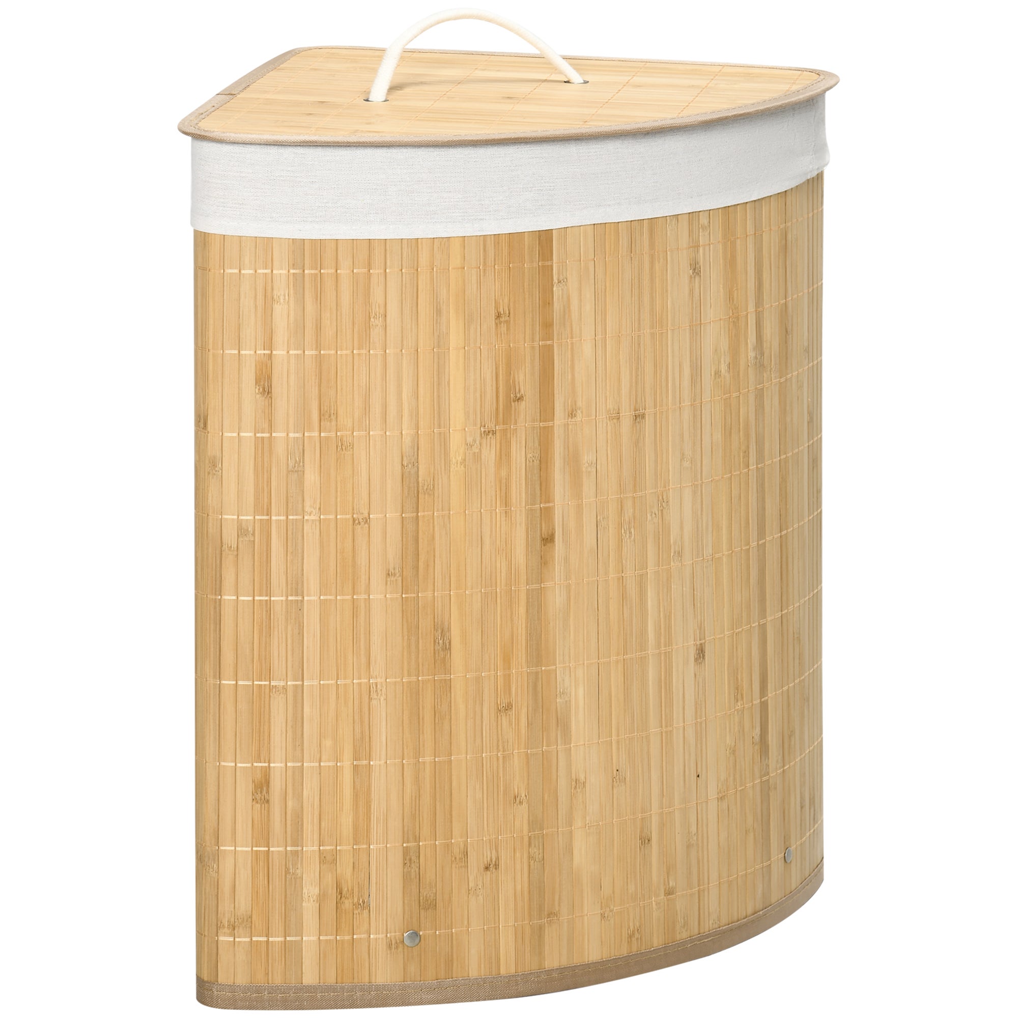 Kątowny kosz na pranie z bambusa 55L z pokrywą i wyjmowanym workiem 38 x 38 x 57 cm w kolorze naturalnego drewna i białym.