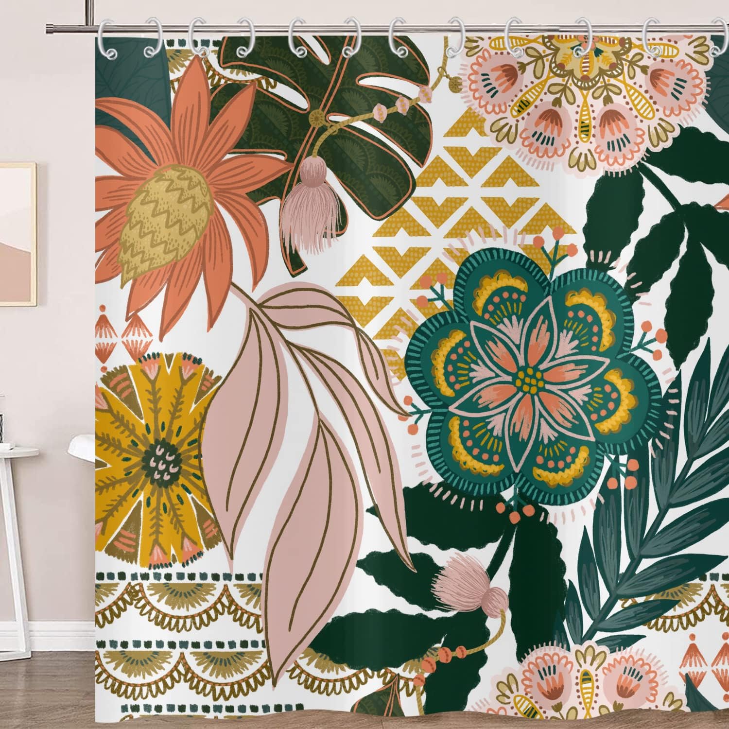 Zasłona prysznicowa, boho floral 180 x 180 cm, kolorowa zasłona prysznicowa, zasłona prysznicowa zmywalna z wodoodpornego poliestru