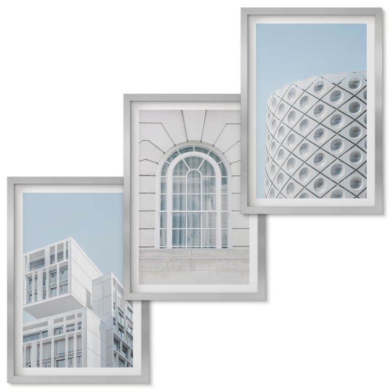 Zestaw obrazów w ramie - 3 części | Nowoczesna architektura minimalizm i geometria | Srebrna ramka