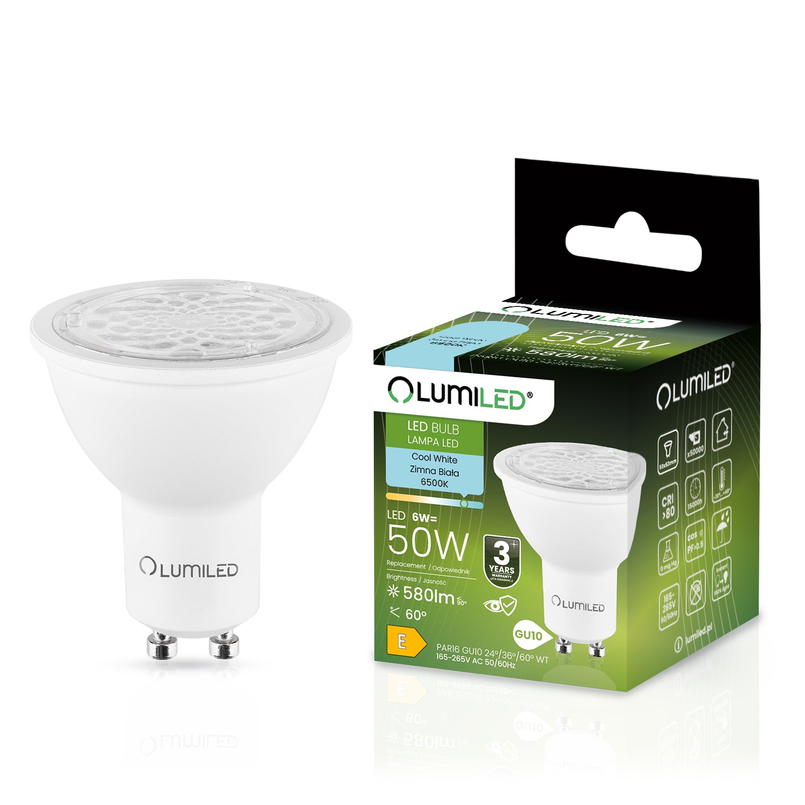 Żarówka LED Lumiled GU10 Reflektor PAR16 6W 580lm 6500K Zimna biel 24st 36st 60st 1 szt.