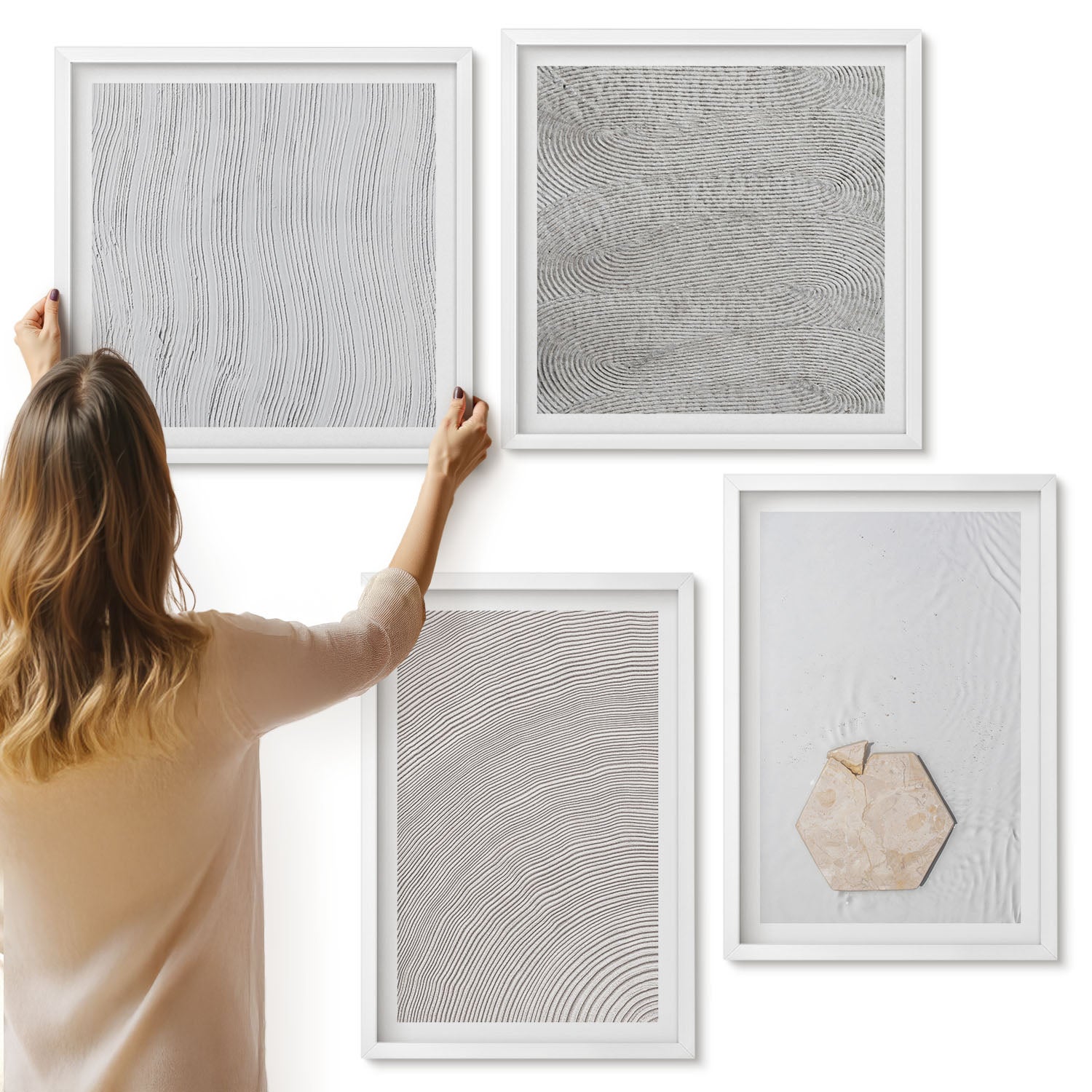 Galeria ścienna 4-częściowy komplet obrazów w białych ramach - Jasne tekstury na piasku styl boho delikatny - ArtPrintCave