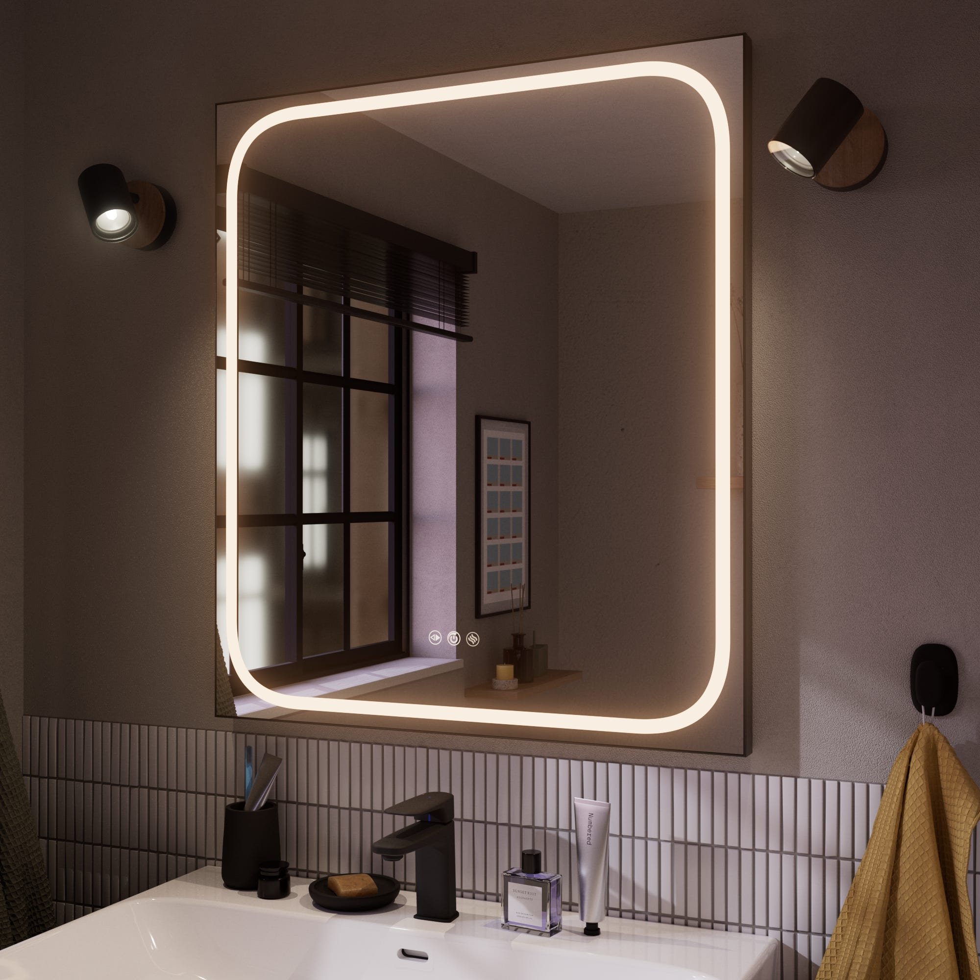 Lustro łazienkowe z oświetleniem LED do makijażu, Remix czarne z systemem przeciwmgielnym, dotykowe 70x80cm