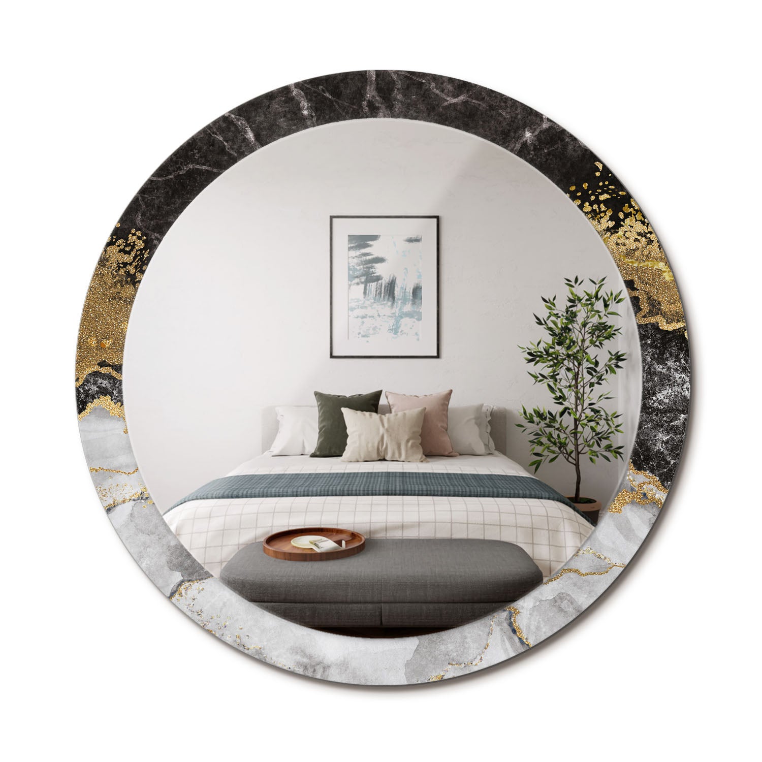 Nowoczesne lustro okrągłe z ozdobną szklaną ramą i motywem graficznym Marmur loft - 90 cm - ArtPrintCave