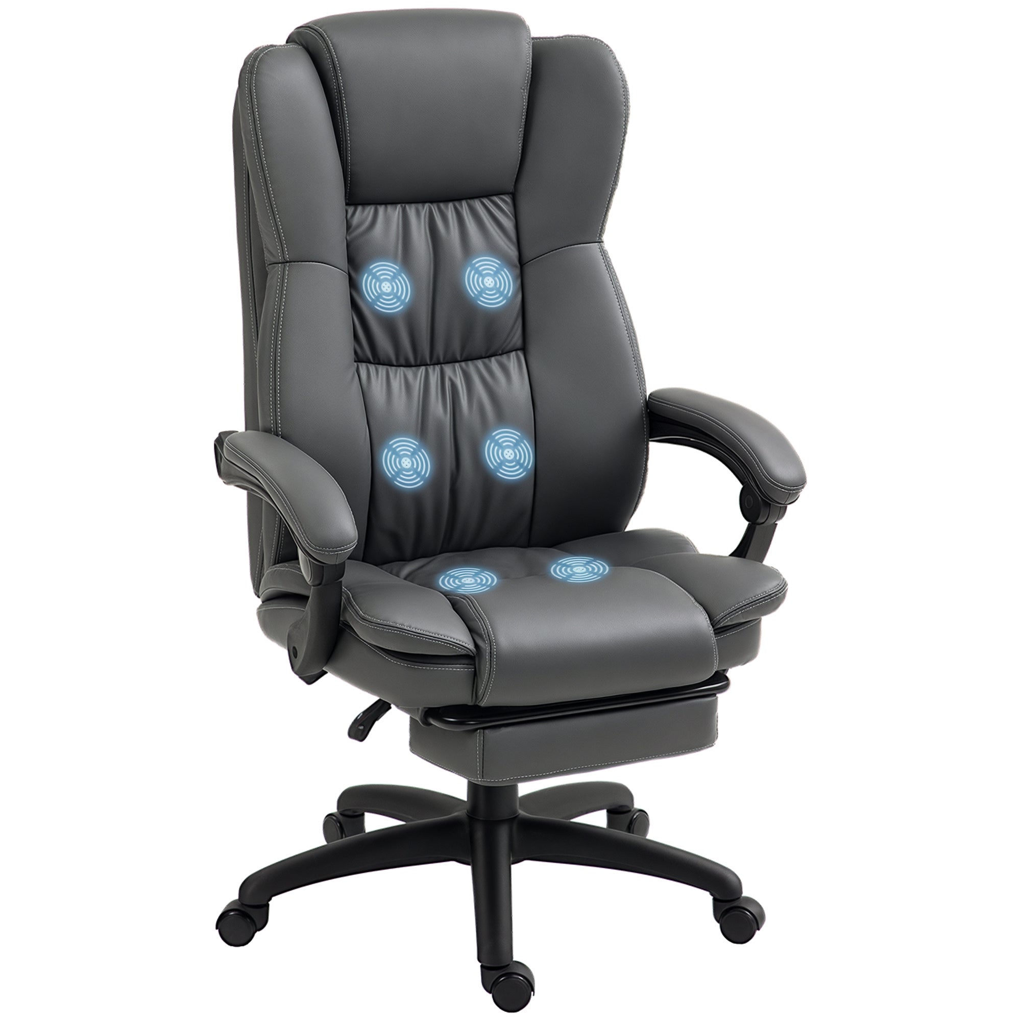 Fotel obrotowy regulowany z podnóżkiem, zagłówkiem, funkcją masażu, skóra ekologiczna, 68,5x68,5x113-121 cm, ciemnoszary
