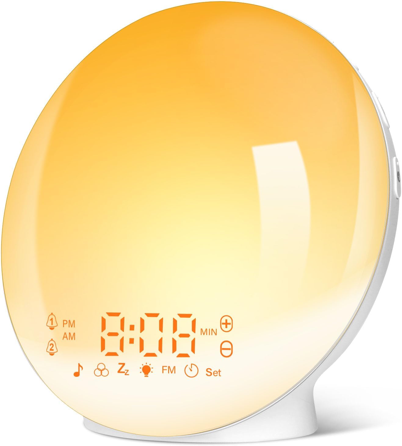 Radiobudzik z lampką LED Wake-Up Light, podświetlana lampka nocna, 20 poziomów jasności, symulator wschodu i zachodu słońca, 2 alarmy, 7 natural