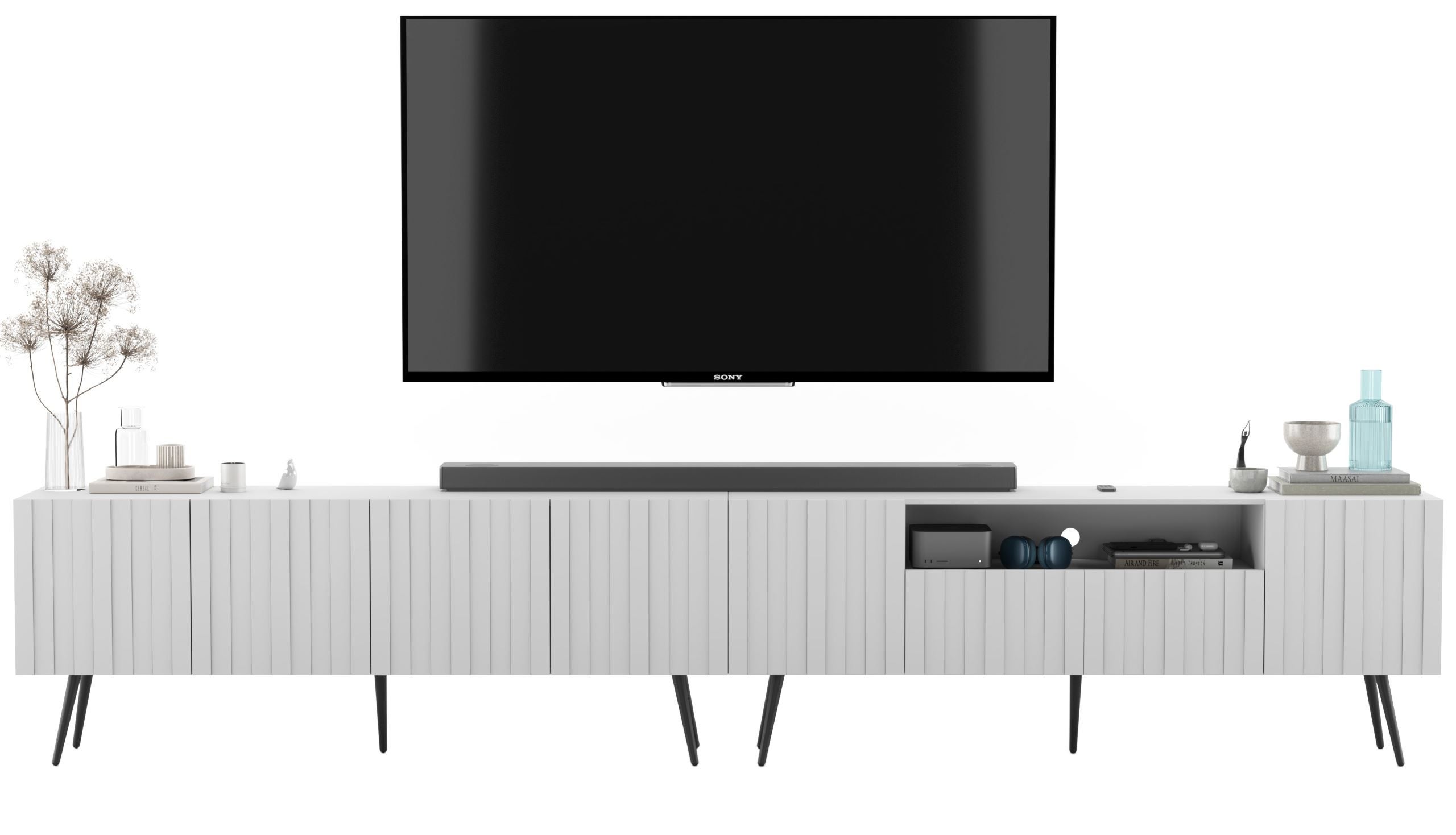 Komoda RTV Loft Glamour biały mat, szafka pod telewizor z czarnymi metalowymi nogami do salonu