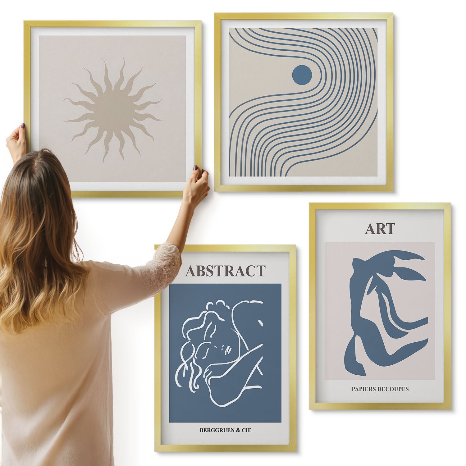 Galeria ścienna 4-częściowy komplet obrazów w złotych ramach - Stylowe abstrakcyjne wzory z postaciami i kwiatami Matisse - ArtPrintCave