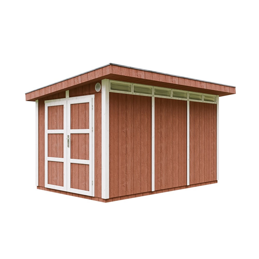 Domek ogrodowy z drewna z płyt LP SmartSide 9 m² - z podłogą i płytkami bitumicznymi D412xW279xH237 cm - Timbela M904A - drewno czerwone