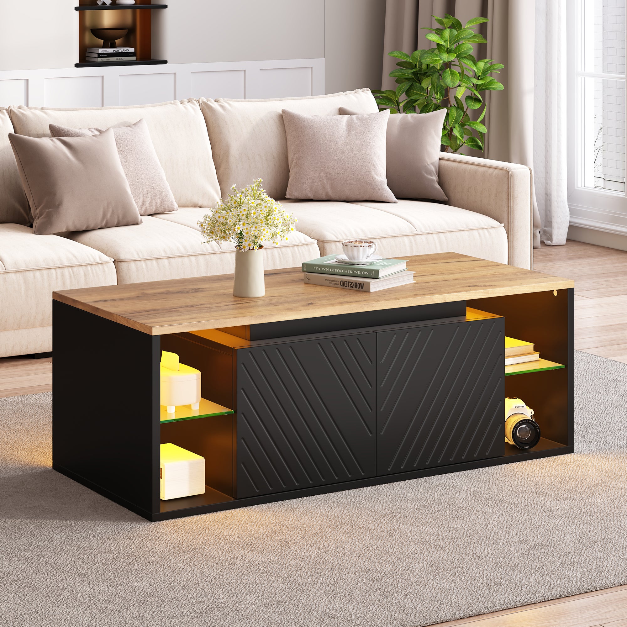 Stolik kawowy z 2 drzwiczkami, częściowo otwartą półką i oświetleniem LED – płyta wiórowa – 100 x 50 x 41 cm – czarny