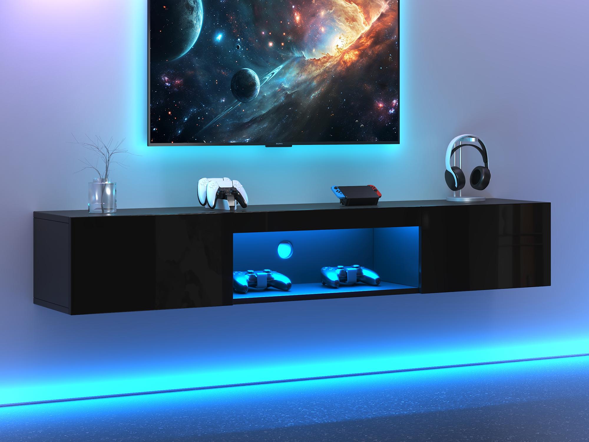 Szafka RTV wisząca 160x31x22 cm - Oświetlenie LED - 2 drzwi otwierane - Wykończenie błyszczące - Płyta wiórowa + MDF - Kolor czarny