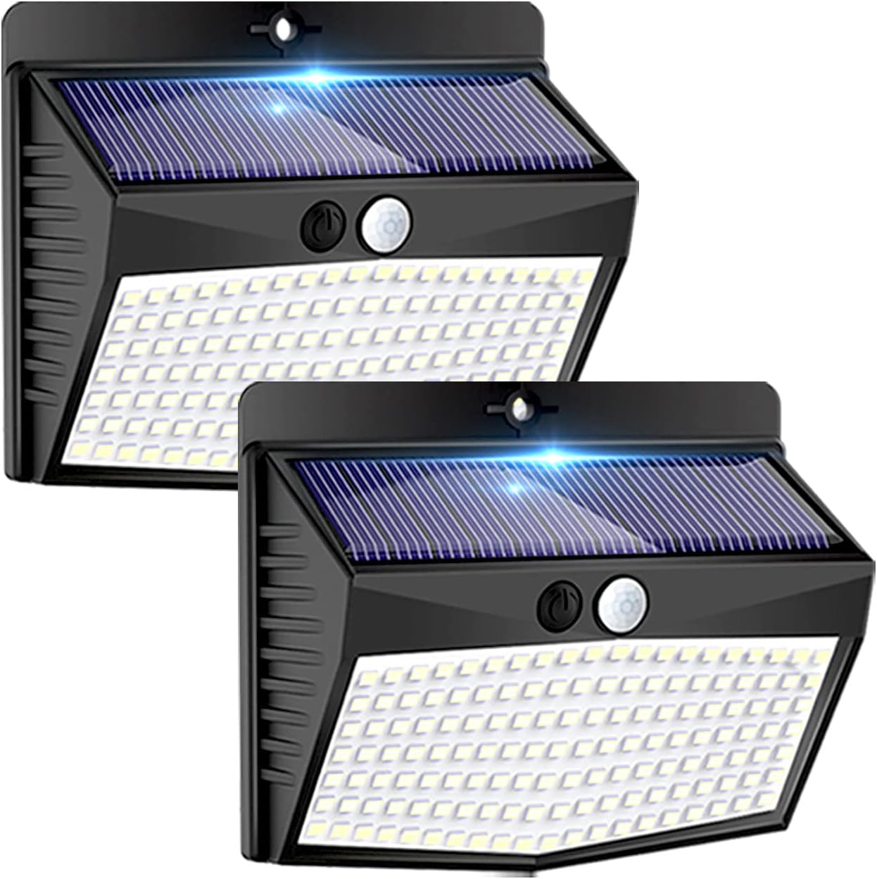 Lampa solarna z czujnikiem ruchu do użytku na zewnątrz – zestaw 2 sztuk – 138 wodoodpornych diod LED – 3 tryby oświetlenia – (białe światło)