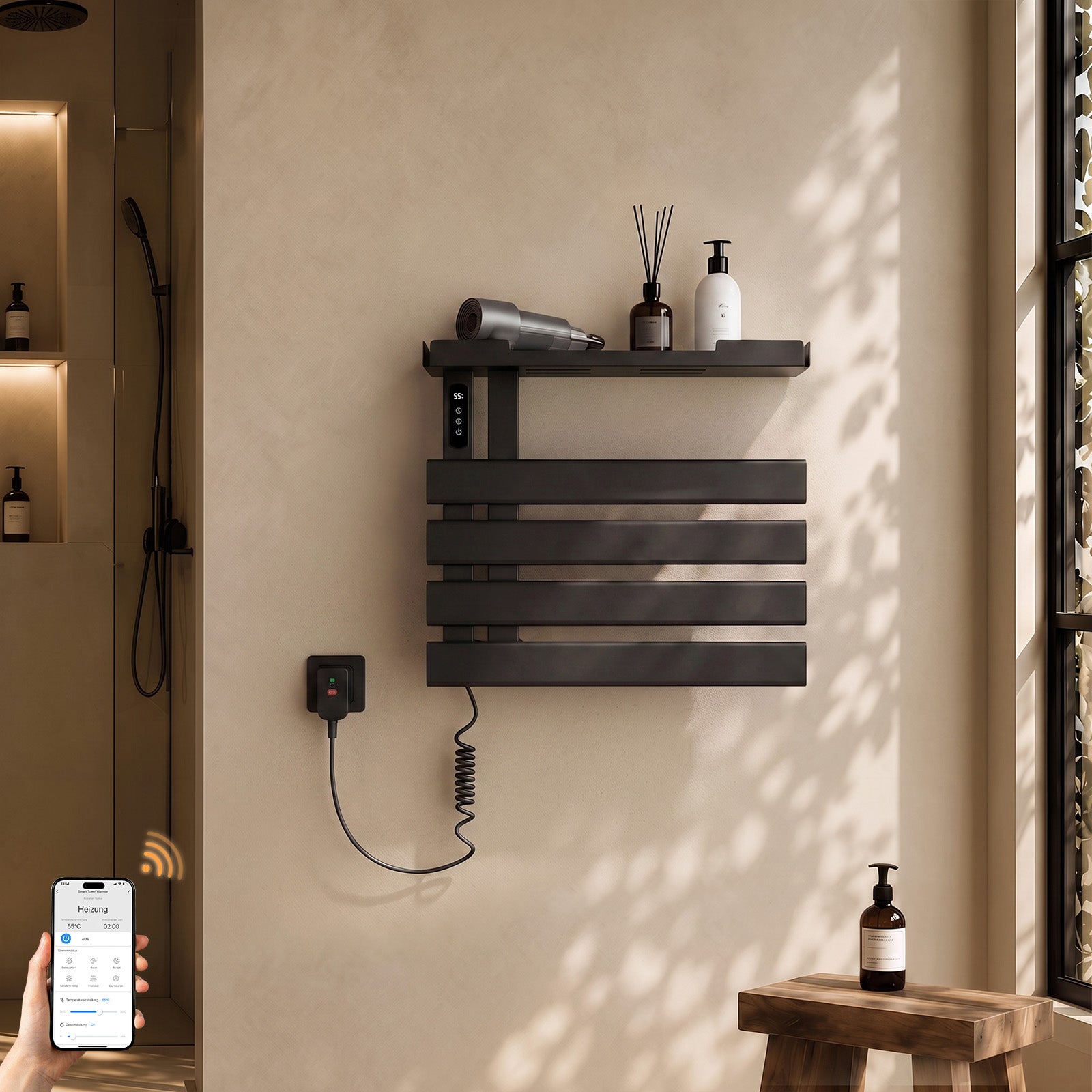 Grzejnik łazienkowy elektryczny WiFi 45 × 50 cm, 148 W, czarny, sucha bezwładność, włókno węglowe, z półką - S'AFIELINA