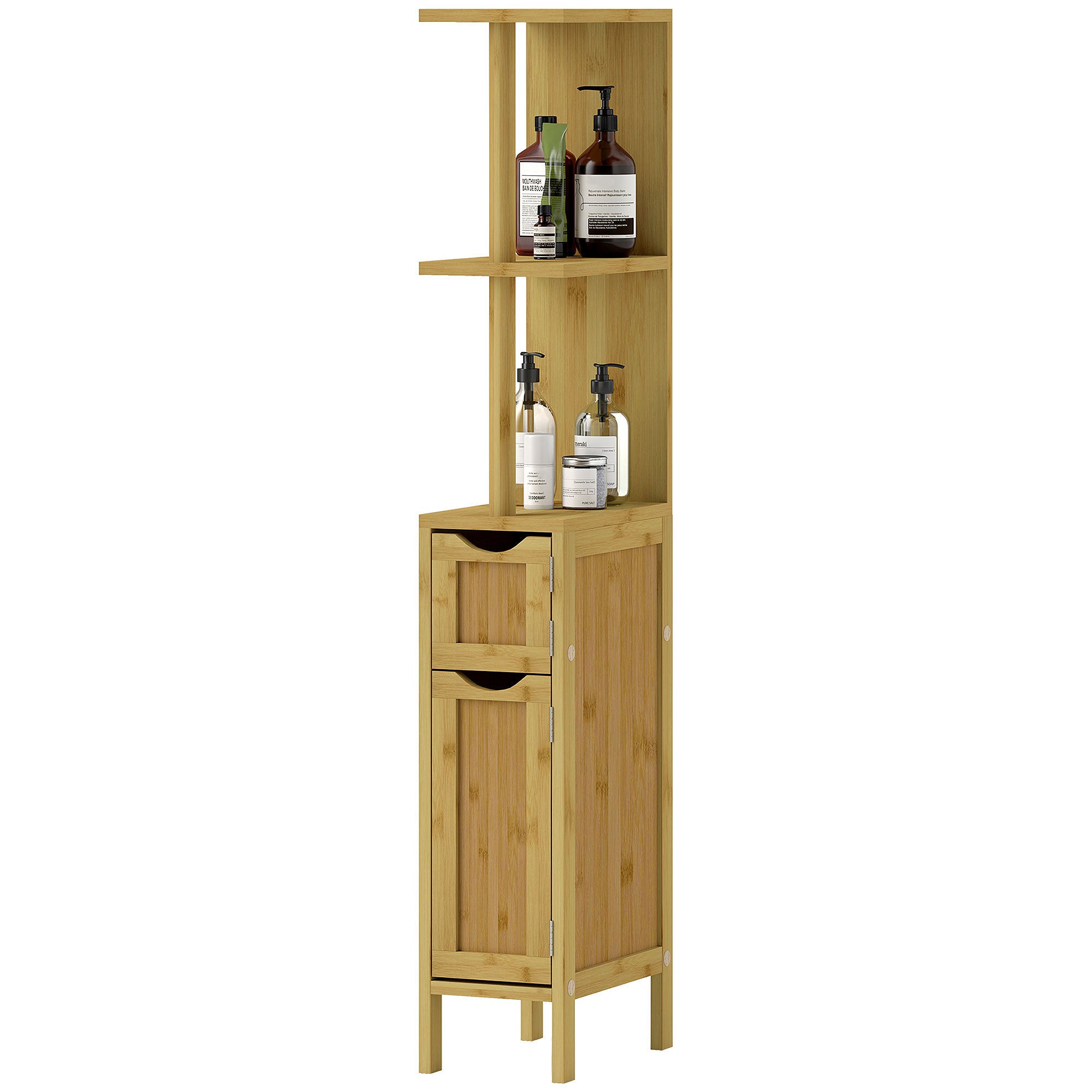 Szafka łazienkowa z 2 półkami i 2 szafkami, wykonana z bambusa, 18 szer. x 30 gł. x 120 wys. cm, drewno naturalne