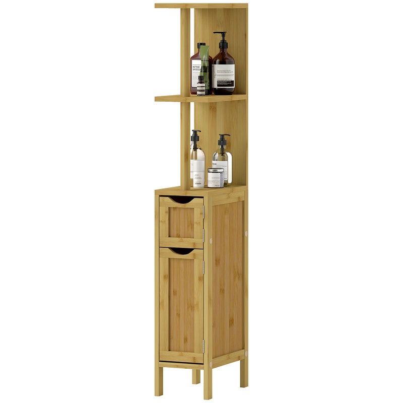 Szafka łazienkowa z 2 półkami i 2 szafkami, wykonana z bambusa, 18 szer. x 30 gł. x 120 wys. cm, drewno naturalne