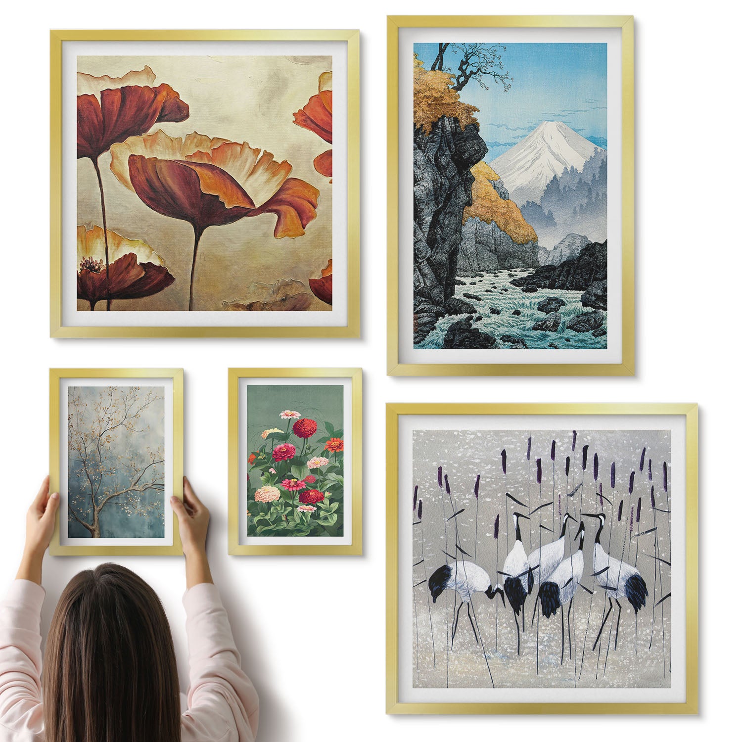 Galeria ścienna 5-częściowy komplet obrazów w złotych ramach - Krajobrazy natury z kwiatami i górskimi widokami - ArtPrintCave