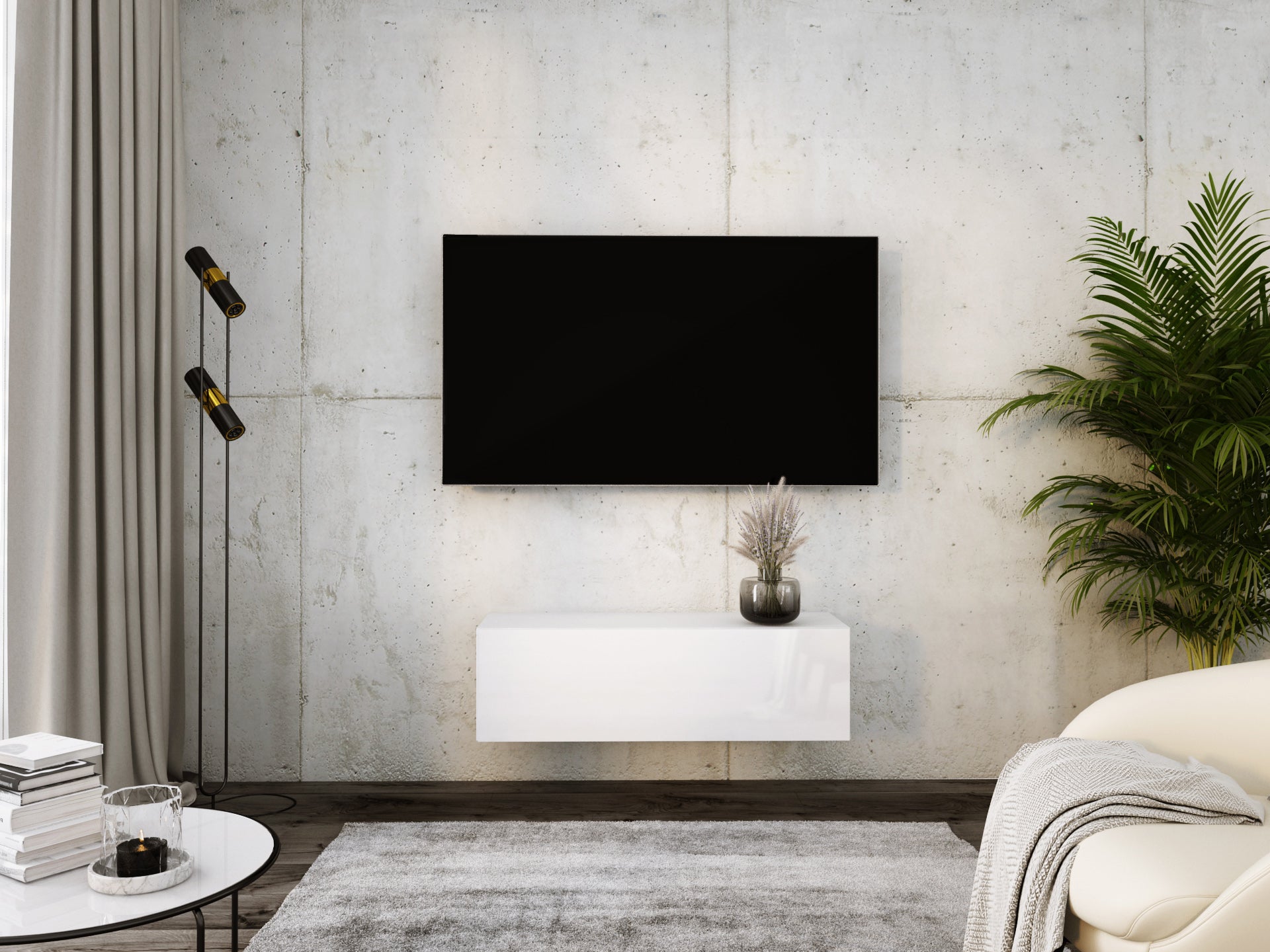 Szafka RTV : Biały Matowy / Biały Połysk, 100 x 32 x 52 cm