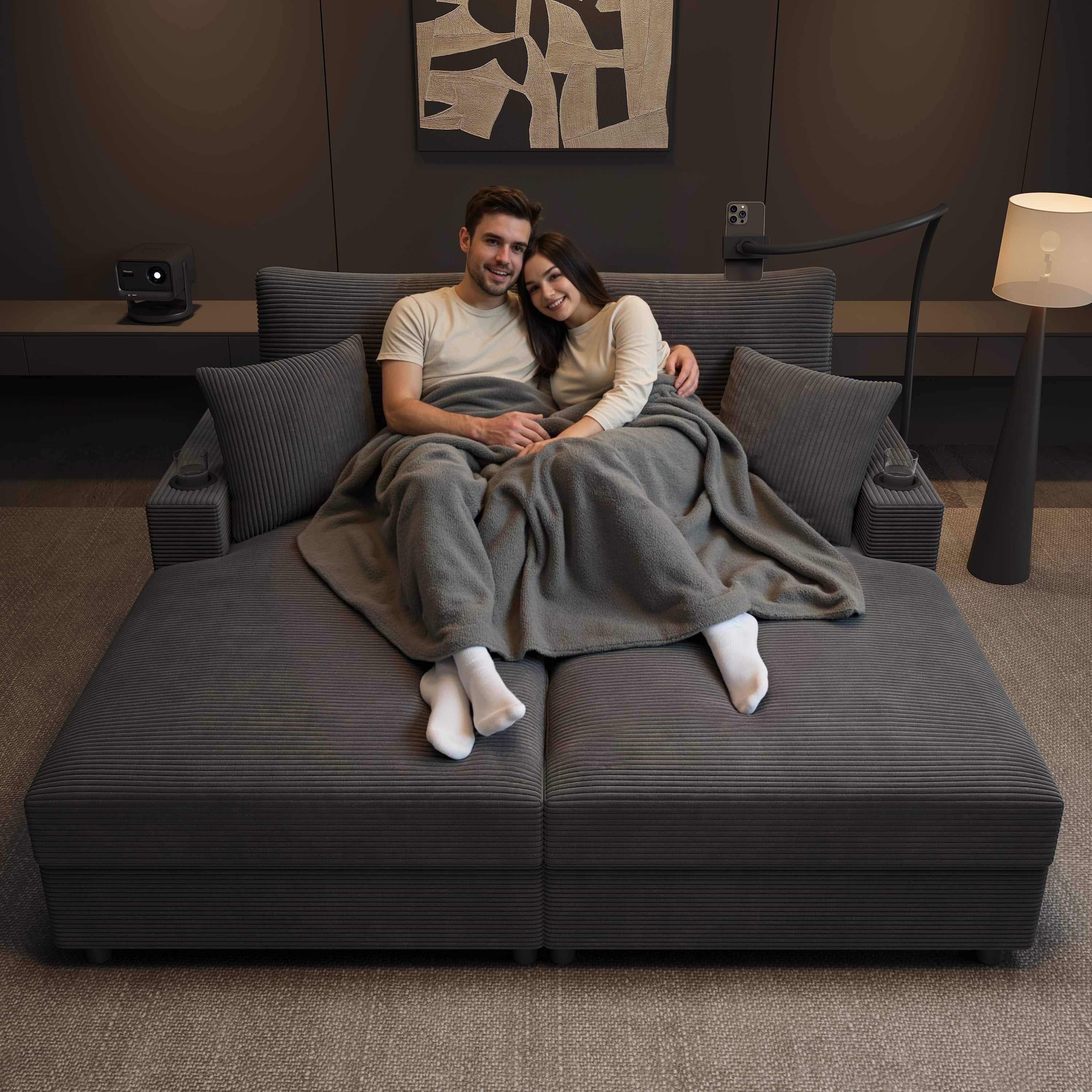 Sofa 2-osobowa z portem ładowania USB/Type-C, 2 uchwytami na kubki, rozkładana - 163 x 140 x 82 cm - sztruks - szary