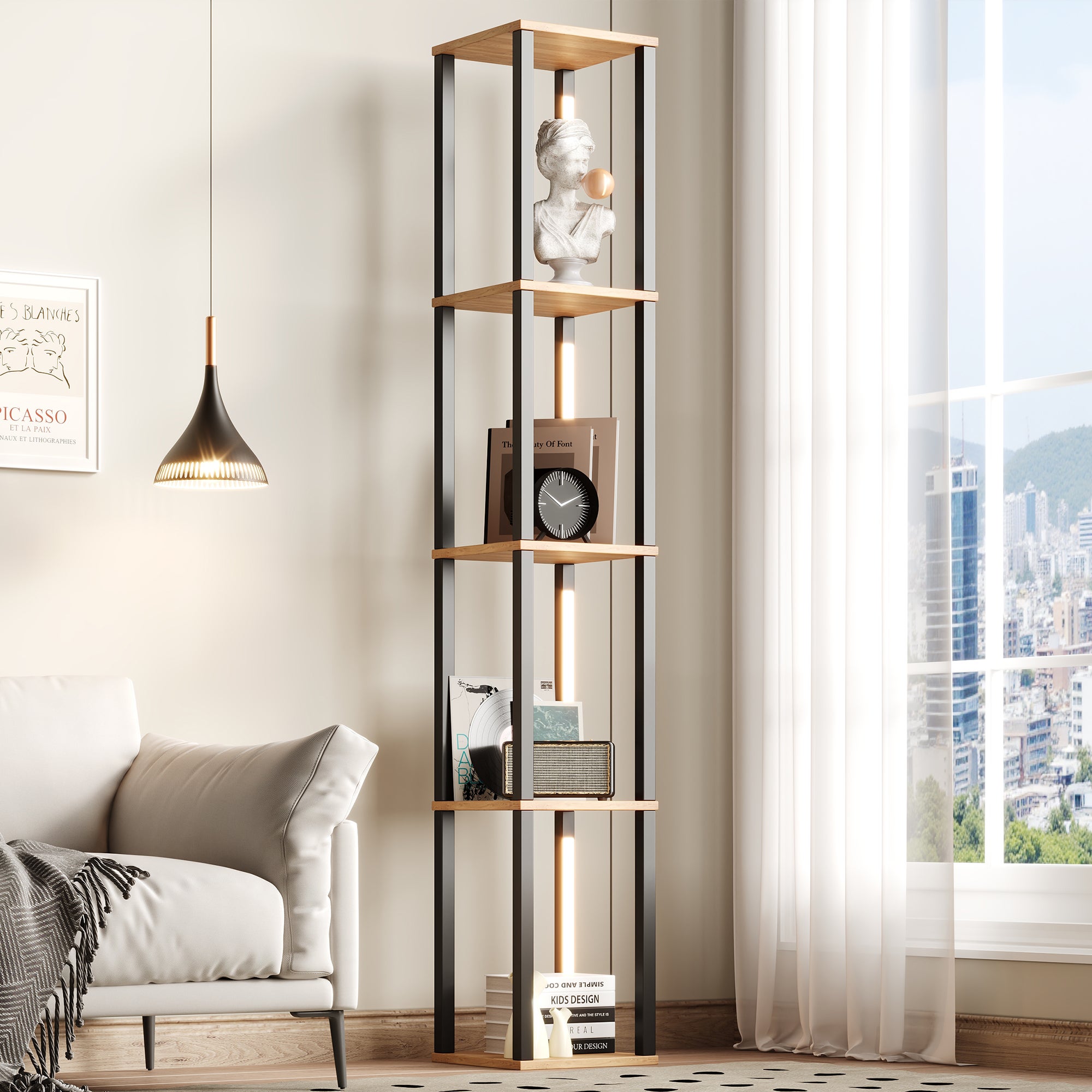 Półka 4-poziomowa z 3-kolorowym oświetleniem LED – 26 x 26 x 165 cm – MDF – Nowoczesny minimalistyczny design – Czarny i imitacja drewna
