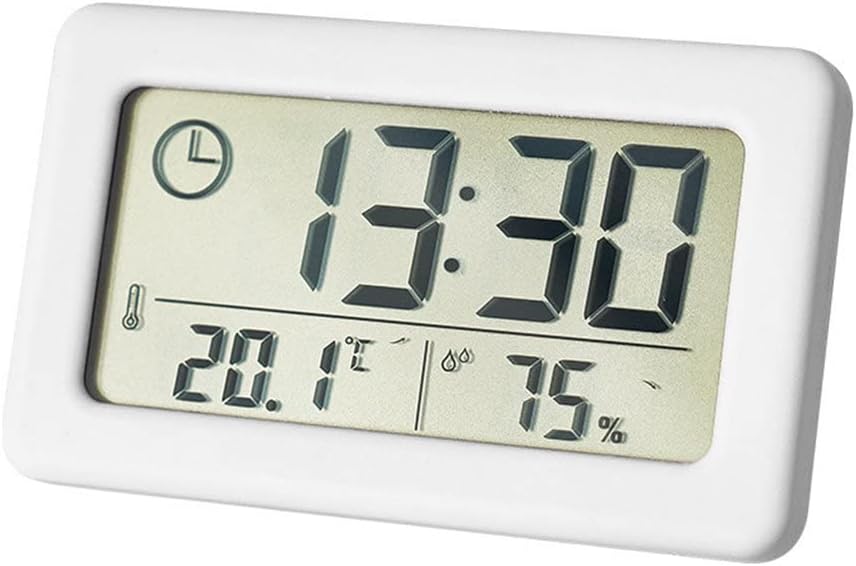 Elektroniczny termometr i higrometr, mały zegar z wyświetlaczem temperatury i wilgotności (°C/°F), przełącznik czasowy 12/24-godzinny, smukły, zasilan