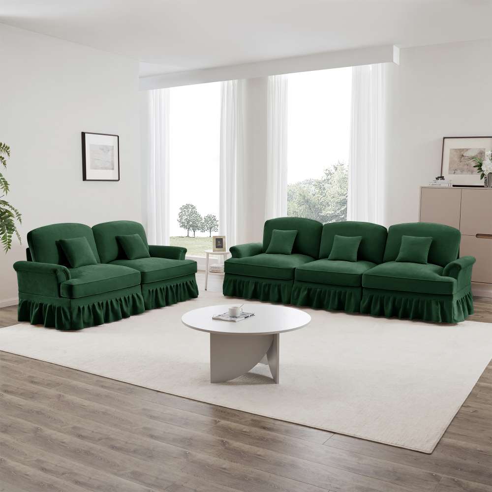 Modułowa sofa 2- i 3-osobowa z aksamitu, ze zdejmowanym fartuchem, zwężanymi podłokietnikami i zwężanymi nogami – wygodna i uniwersalna do salonu