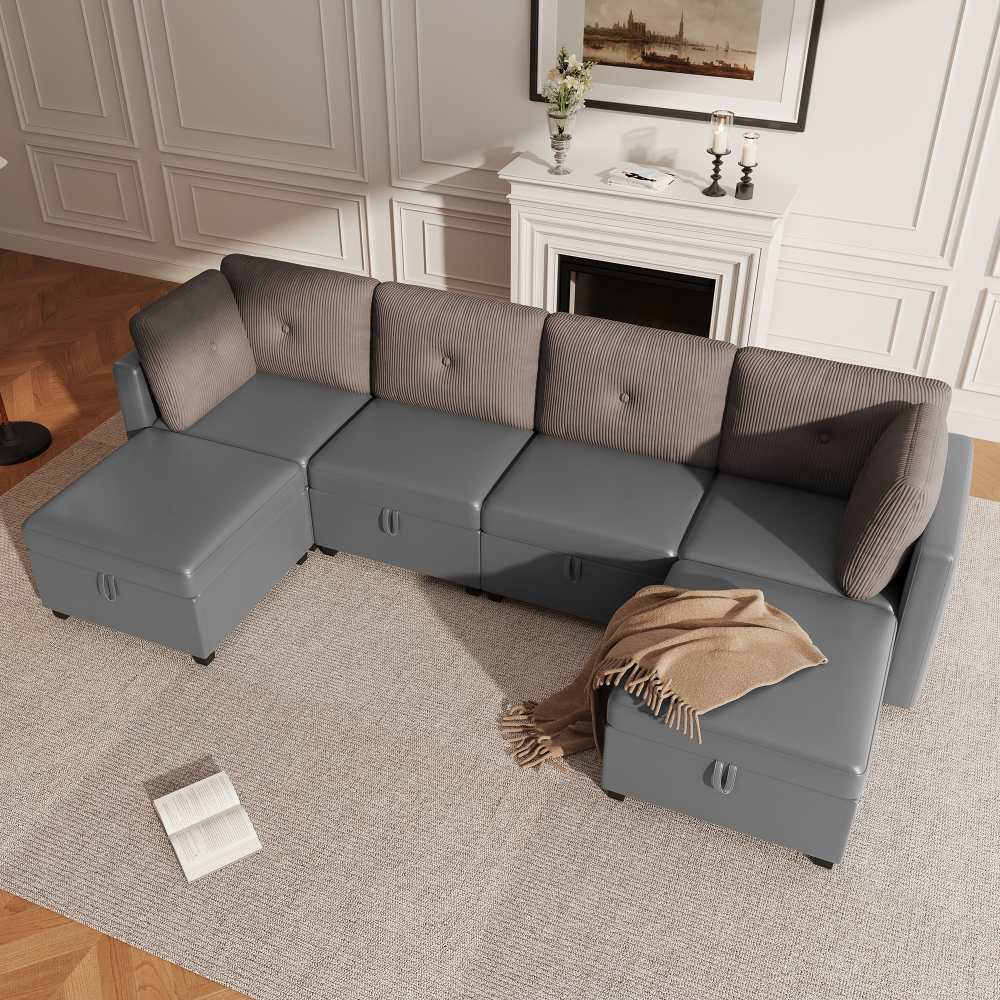 Modułowa sofa w kształcie litery U z 6 modułami i schowkiem – przekształcalna w długie łóżko/fotel, aksamit i sztruks, pianka o wysokiej gęstości