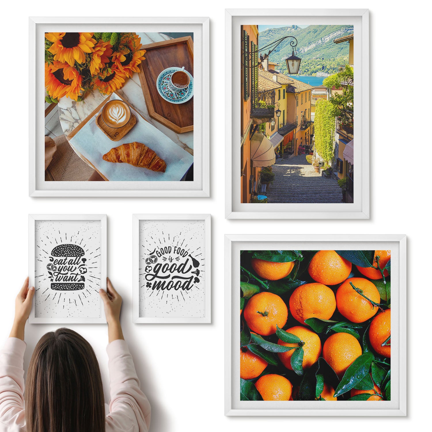 Galeria ścienna 5-częściowy komplet obrazów w białych ramach - Kawiarniane klimaty widoki uliczek i smakowite akcenty - ArtPrintCave