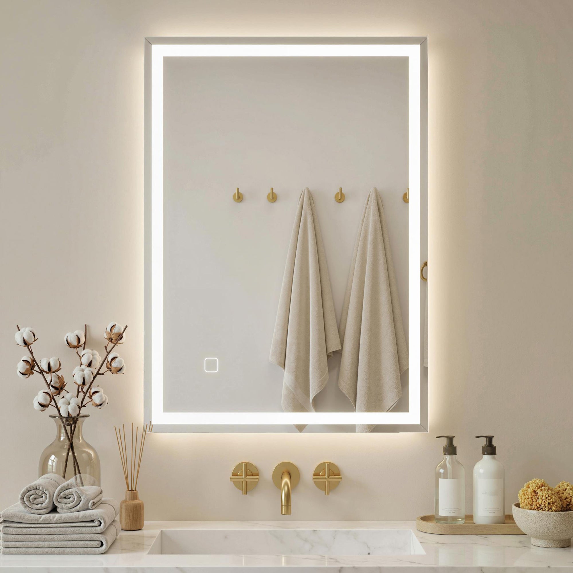 Lustro Łazienkowe LED 70x50 cm, Antypara z Włącznikiem Dotykowym do Makijażu