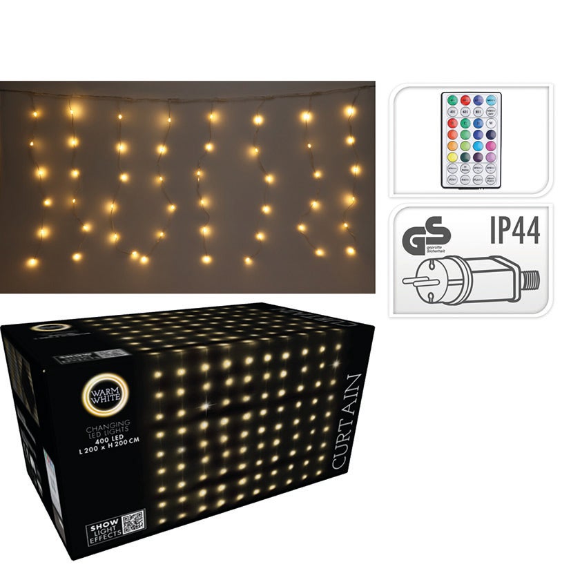 Lampki choinkowe kurtyna świetlna wewnątrz i na zewnątrz 400 Led 10W 200x200 cm z pilotem ciepły biały