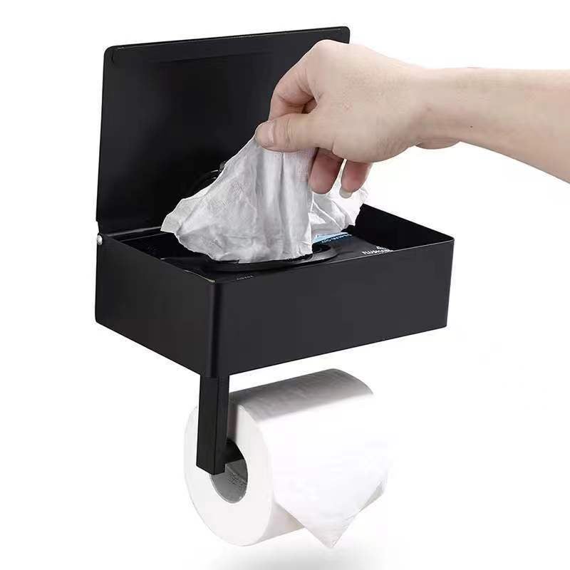 Czarny Uchwyt na Papier Toaletowy ze Stali Nierdzewnej, Bez Wiercenia, Montaż Ścienny, Zabezpieczenie Przed Wypadaniem Rolki