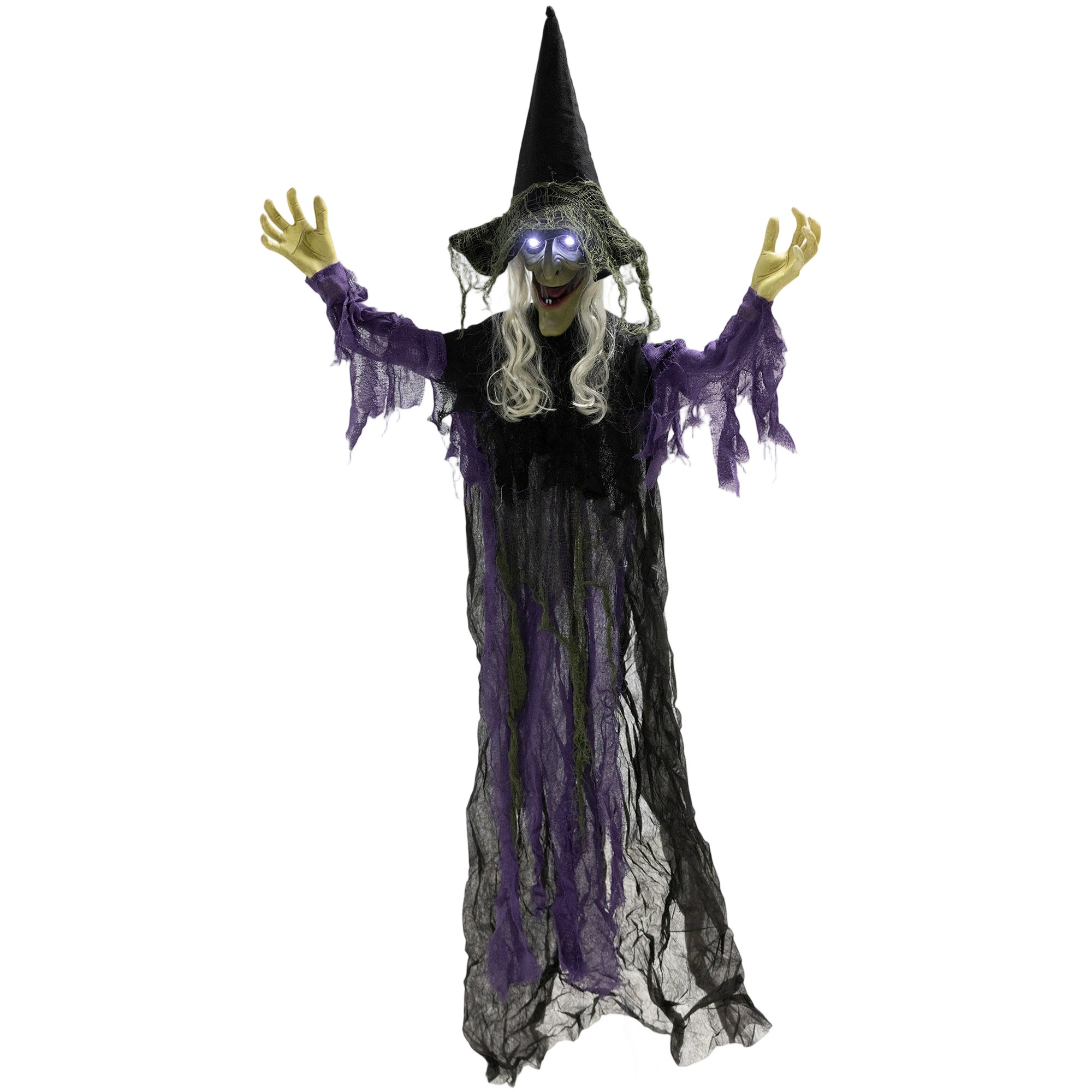 Wisząca czarownica o wysokości 183 cm na Halloween, z diodami LED, efektami dźwiękowymi, regulowanymi ramionami i ruchomymi ustami.